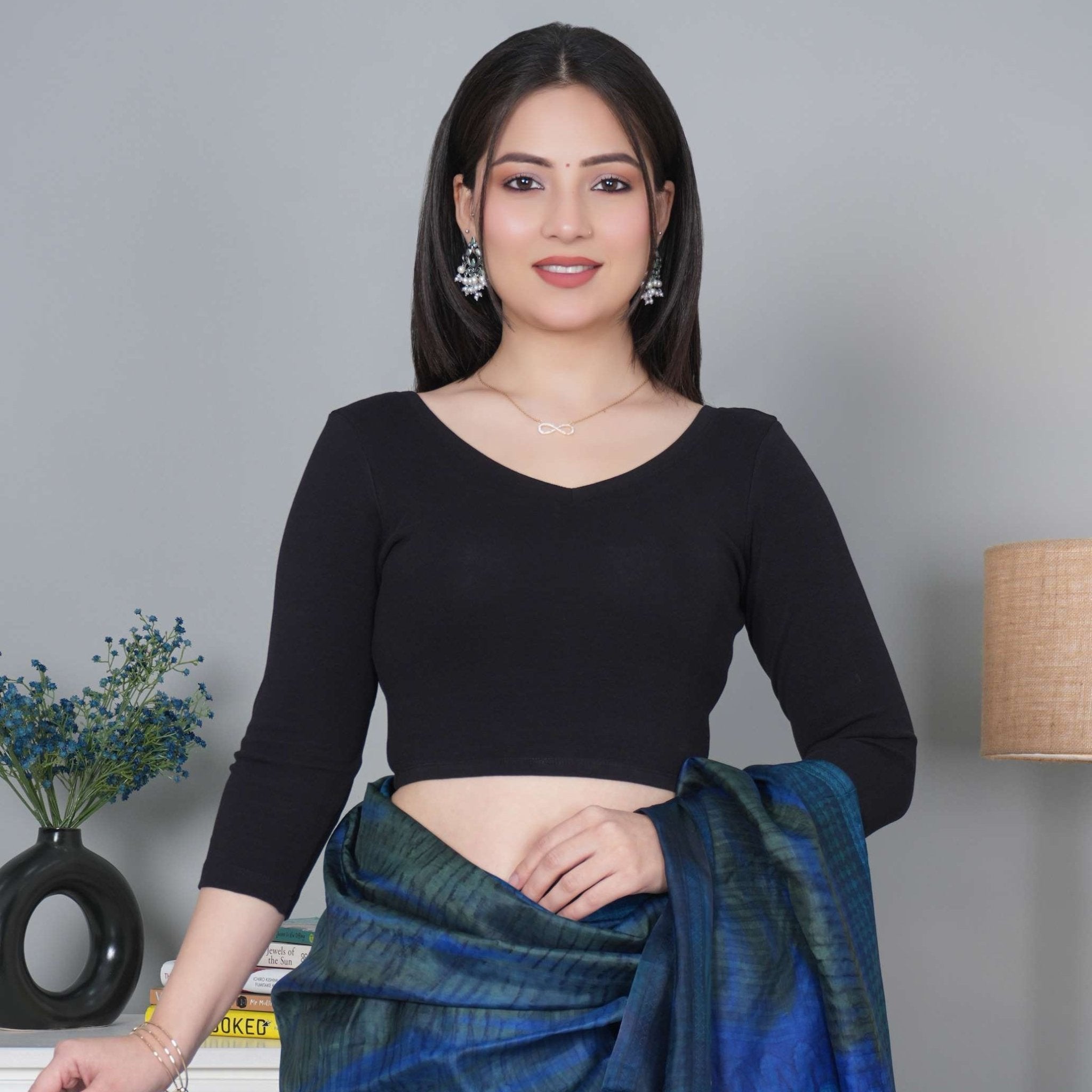 Rib v neck 3/4 sleeve blouse - Mlada