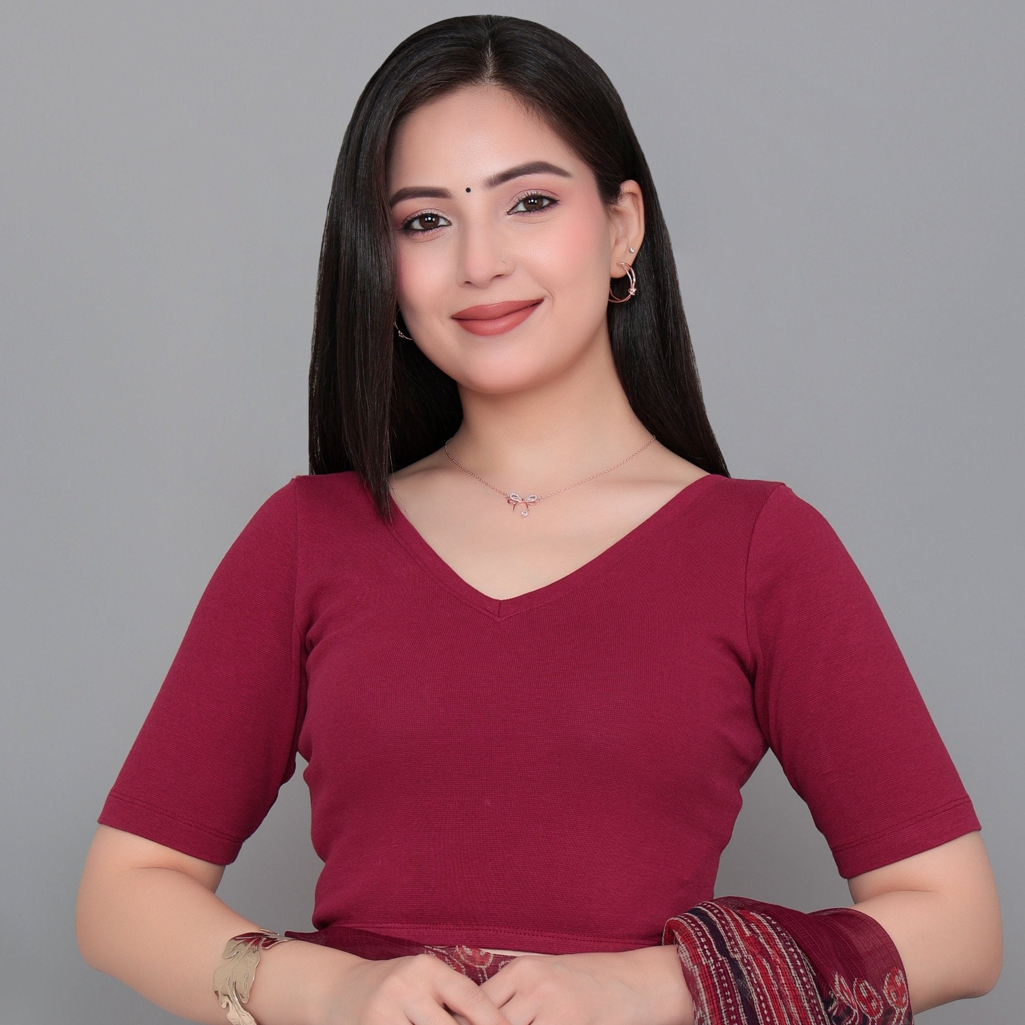 Rib v neck half sleeve blouse - Mlada