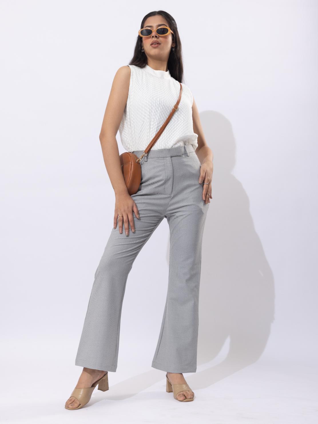 Light grey check high waist formal flare pants with spandex [Bootcut flare]