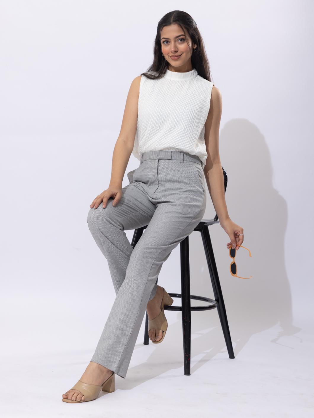 Light grey check high waist formal flare pants with spandex [Bootcut flare]