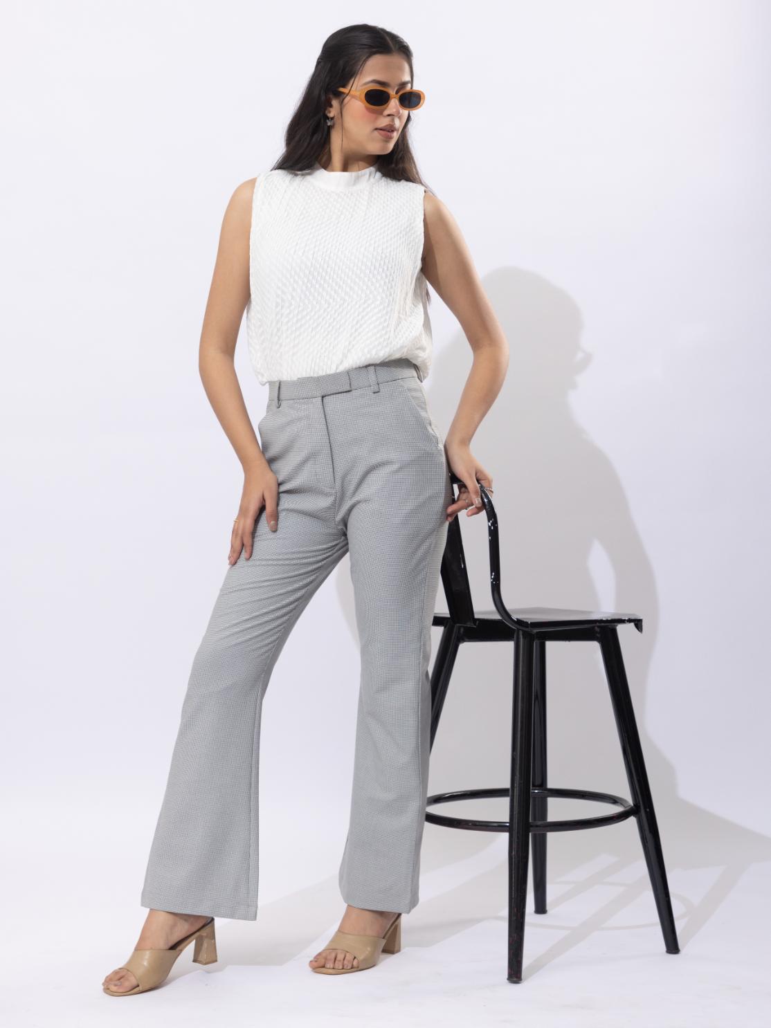 Light grey check high waist formal flare pants with spandex [Bootcut flare]