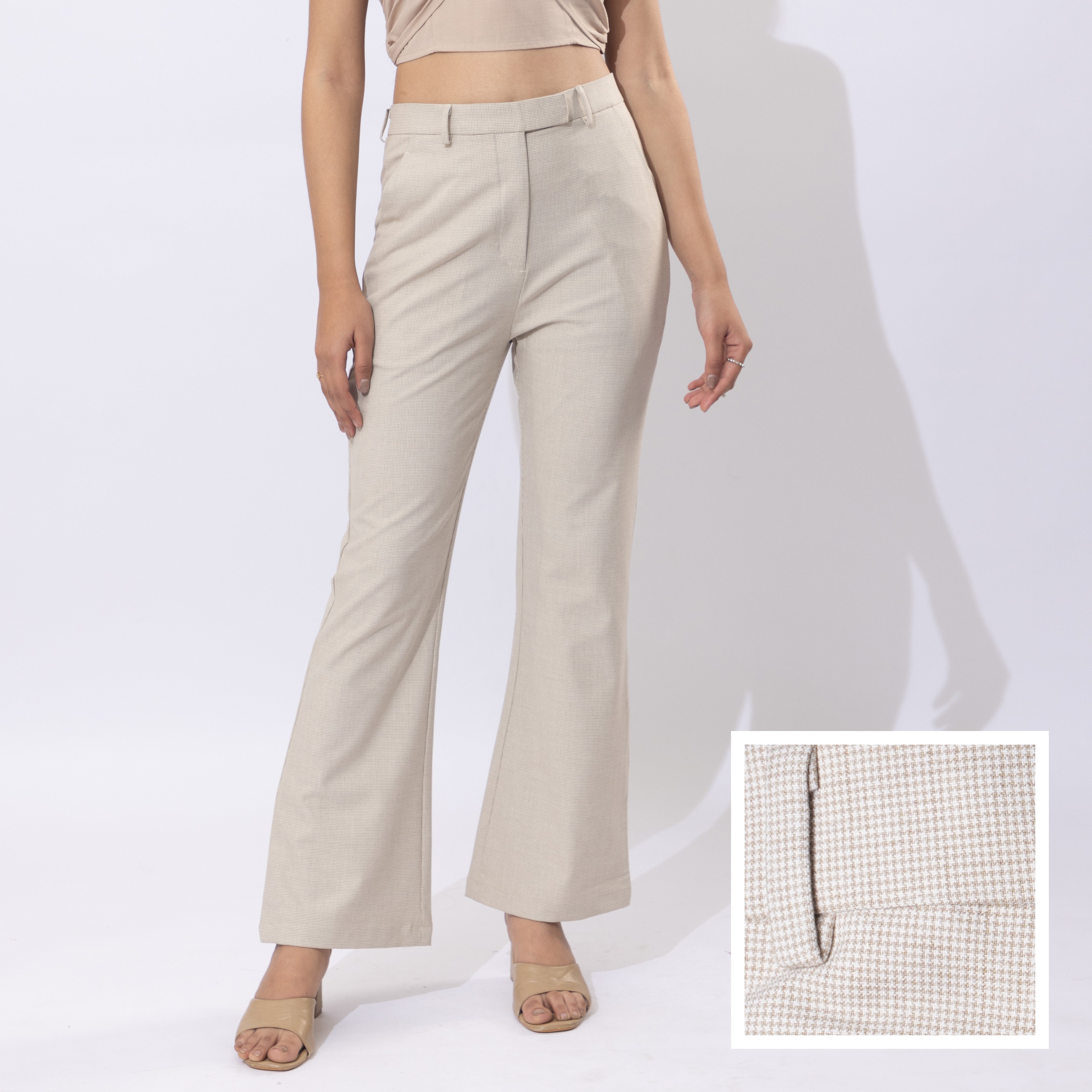 Beige check high waist formal flare pants with spandex [Bootcut flare]