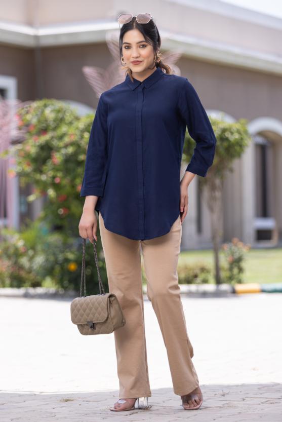 Navy long hemline shirt [ 100% Rayon, Liva Certified ]