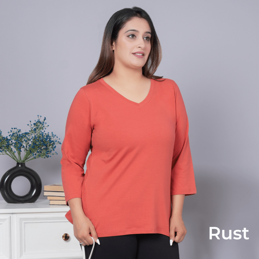 100% V neck cotton lycra 3/4 sleeve t shirt [Pack of 3 at just 1499] - Cotton t shirt