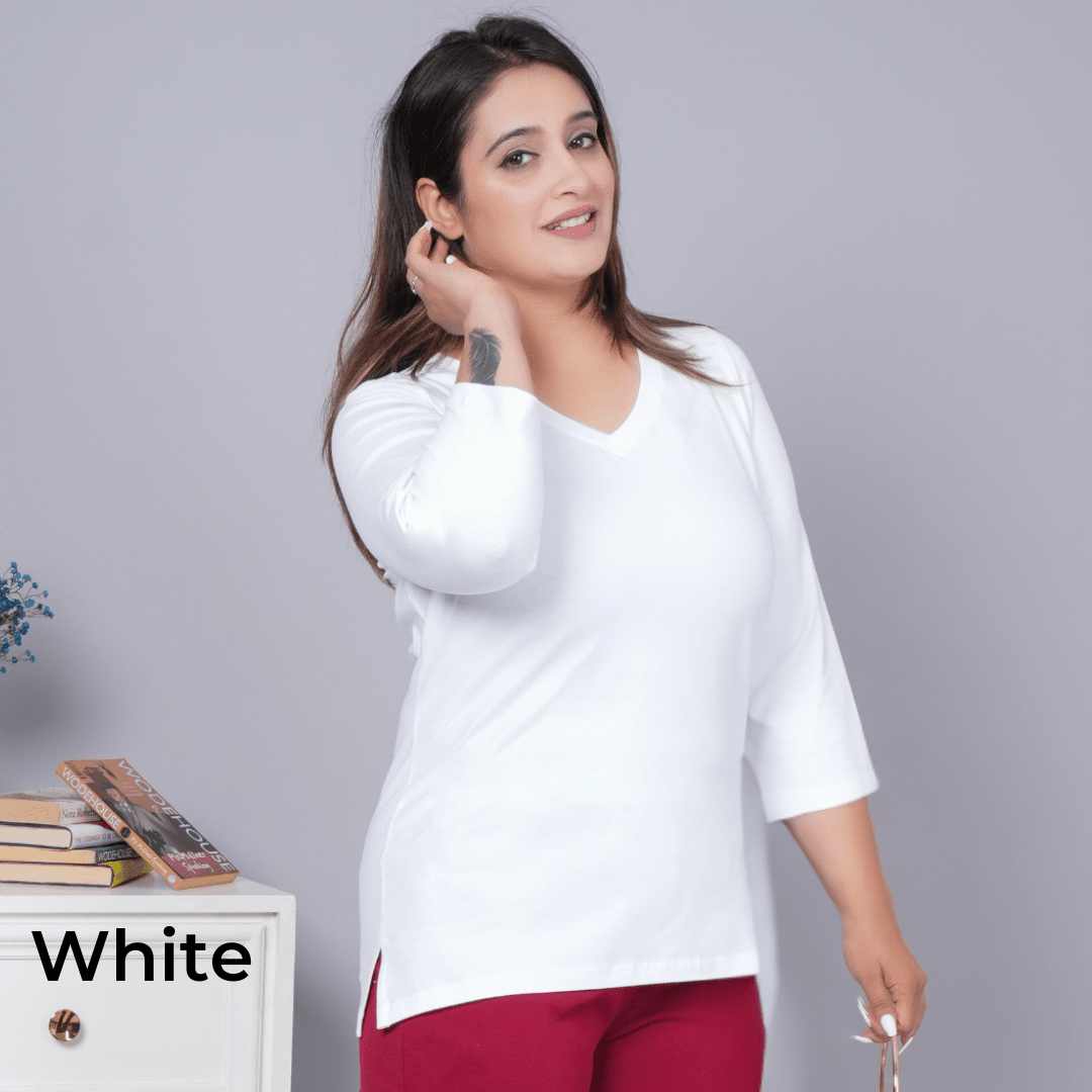 100% V neck cotton lycra 3/4 sleeve t shirt [Pack of 3 at just 1499] - Cotton t shirt