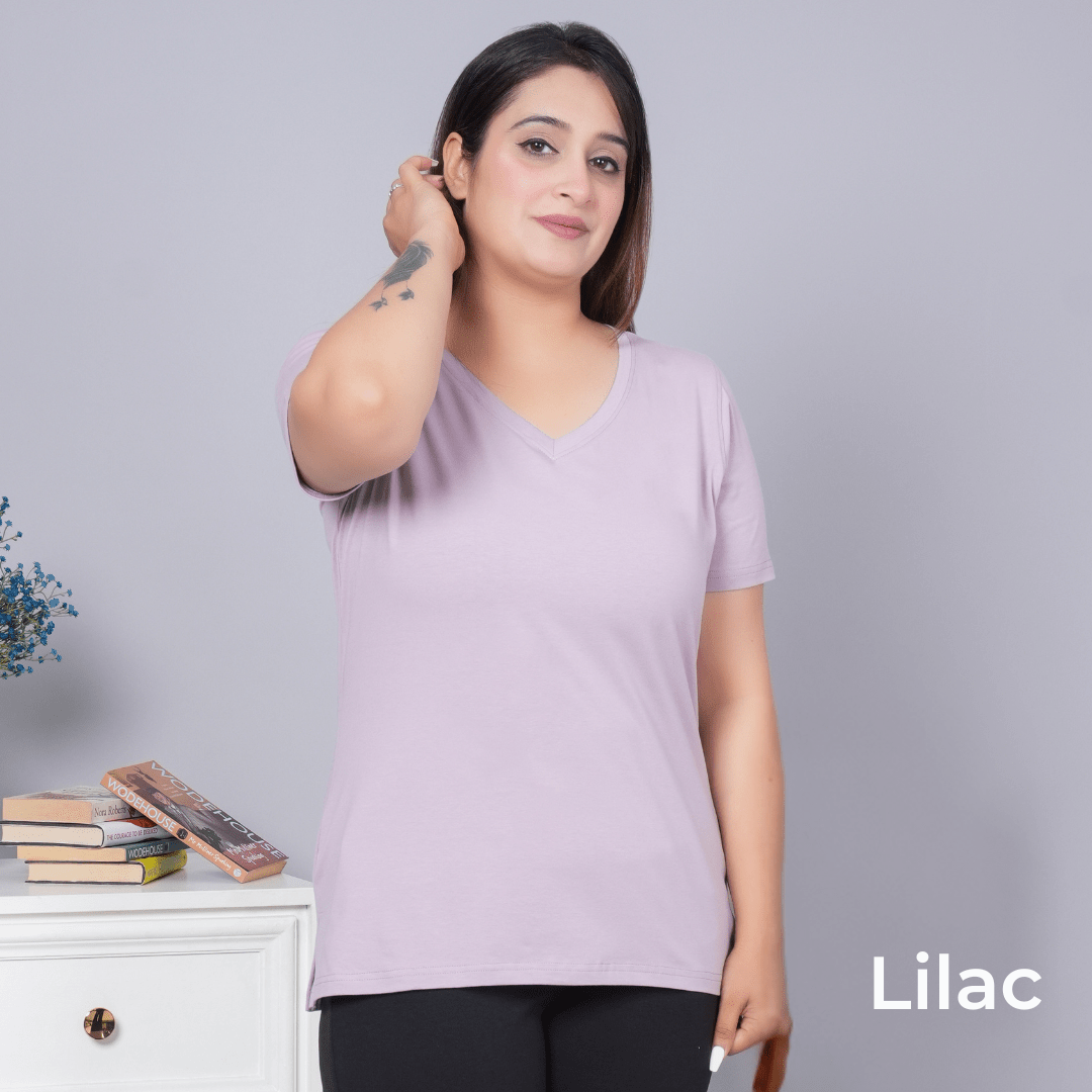 100% V neck cotton lycra half sleeve t shirt [Pack of 3 at just 1499] - Long cotton v neck t-shirt