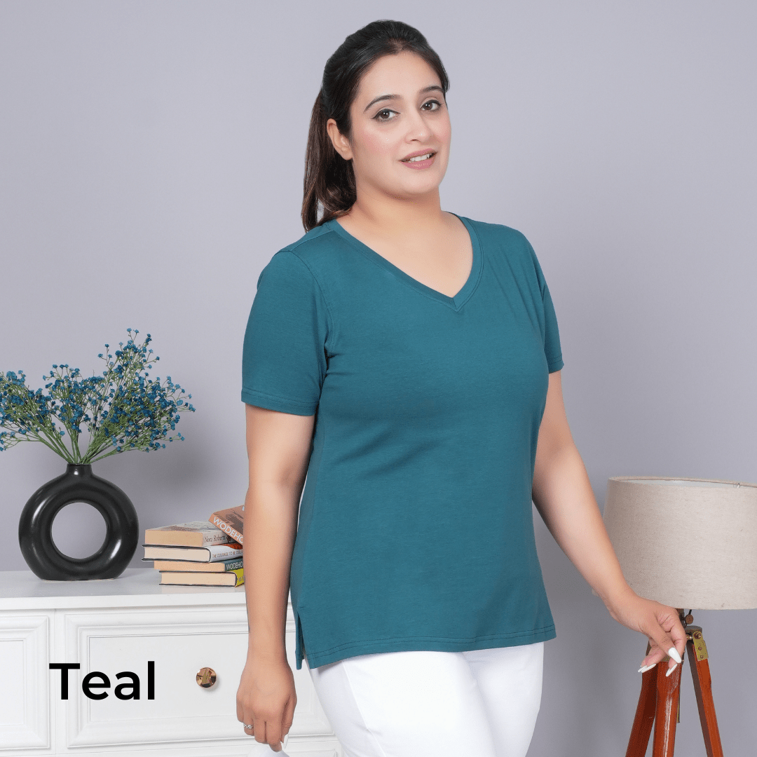 100% V neck cotton lycra half sleeve t shirt [Pack of 3 at just 1499] - Long cotton v neck t-shirt