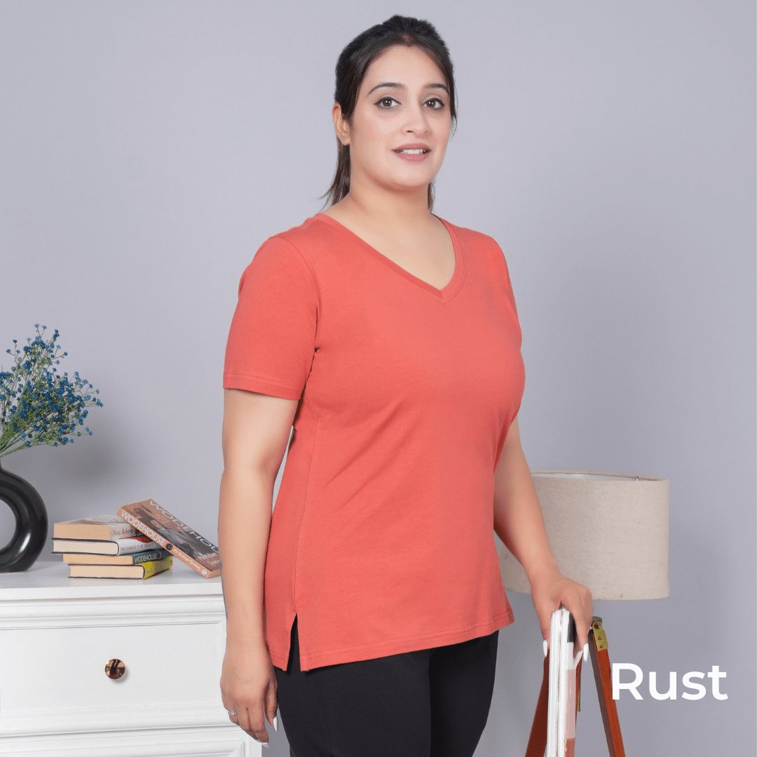 100% V neck cotton lycra half sleeve t shirt [Pack of 3 at just 1499] - Long cotton v neck t-shirt