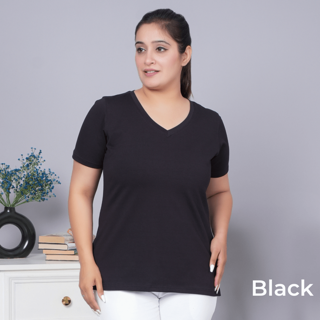 100% V neck cotton lycra half sleeve t shirt [Pack of 3 at just 1499] - Long cotton v neck t-shirt