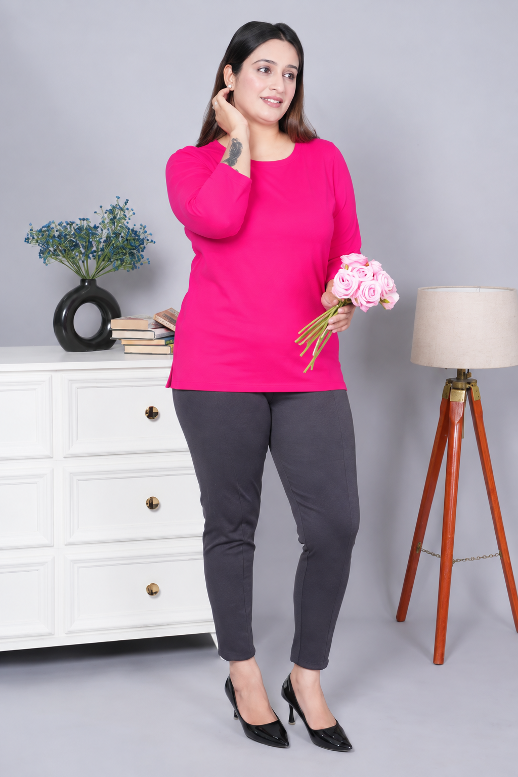 Fuchsia Round Neck Cotton Lycra 3/4 Sleeve T Shirt