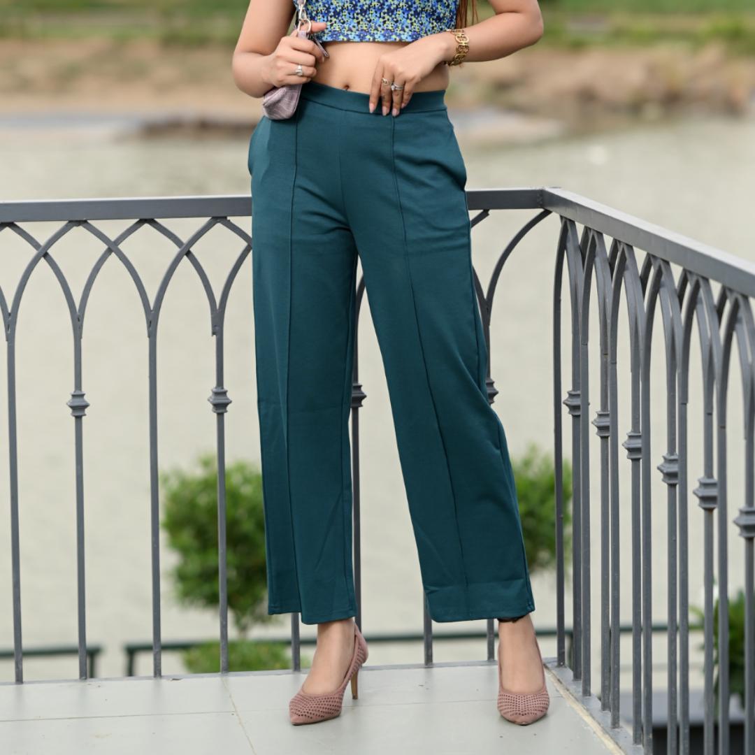 Teal stretchable biowash USA HQ cotton extra flare fit pant with superior elastic belt.