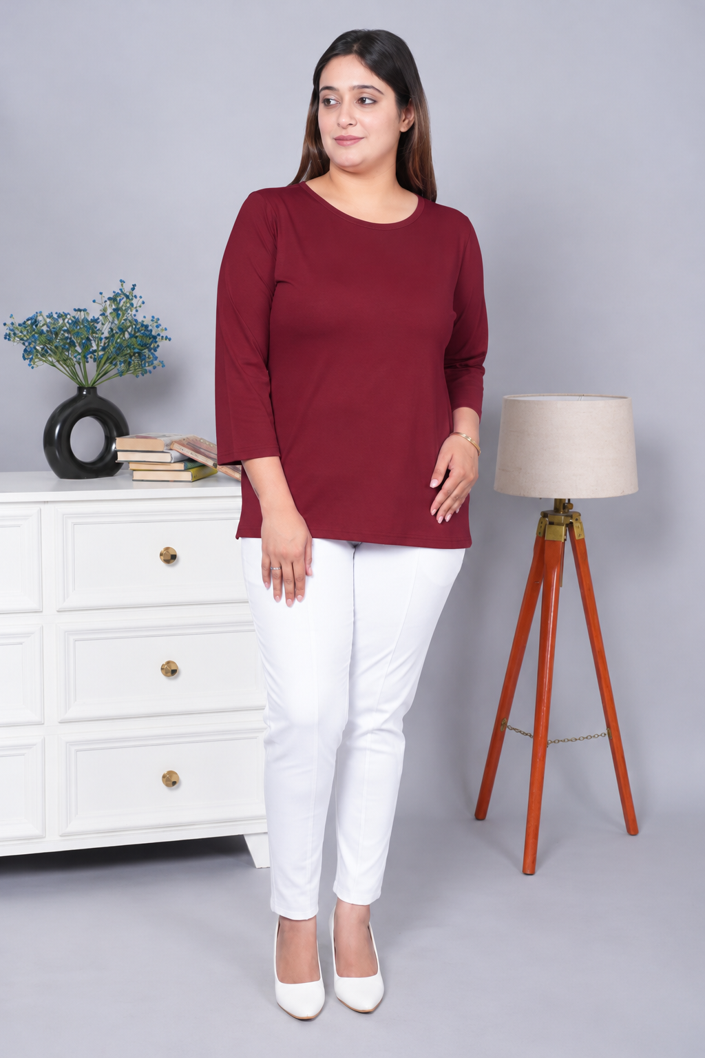 Wine Round Neck Cotton Lycra 3/4 Sleeve T Shirt