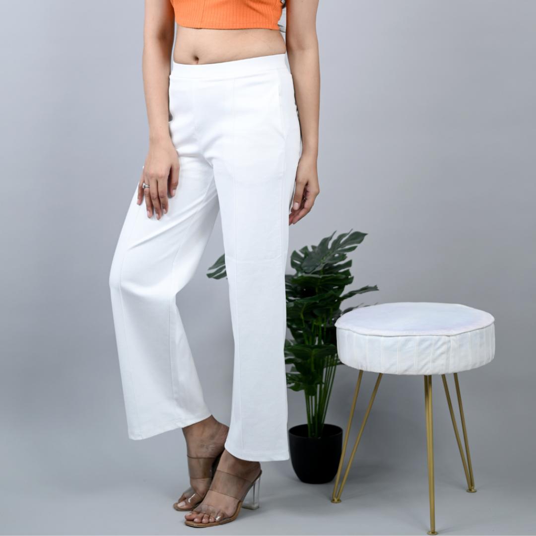 White stretchable biowash USA HQ cotton extra flare fit pant with superior elastic belt.