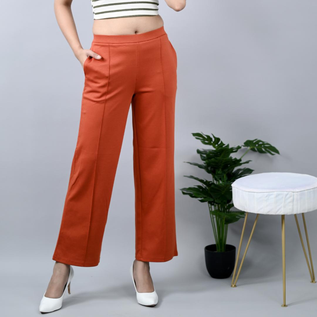 Rust stretchable biowash USA HQ cotton extra flare fit pant with superior elastic belt.