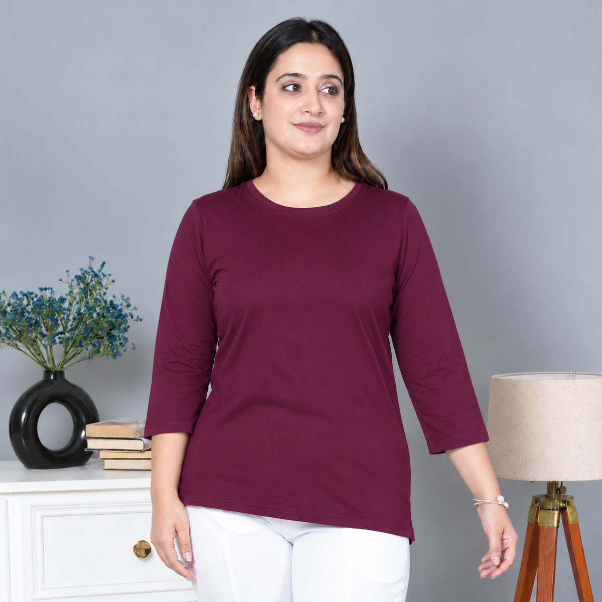 Plum Round Neck Cotton Lycra 3/4 Sleeve T Shirt