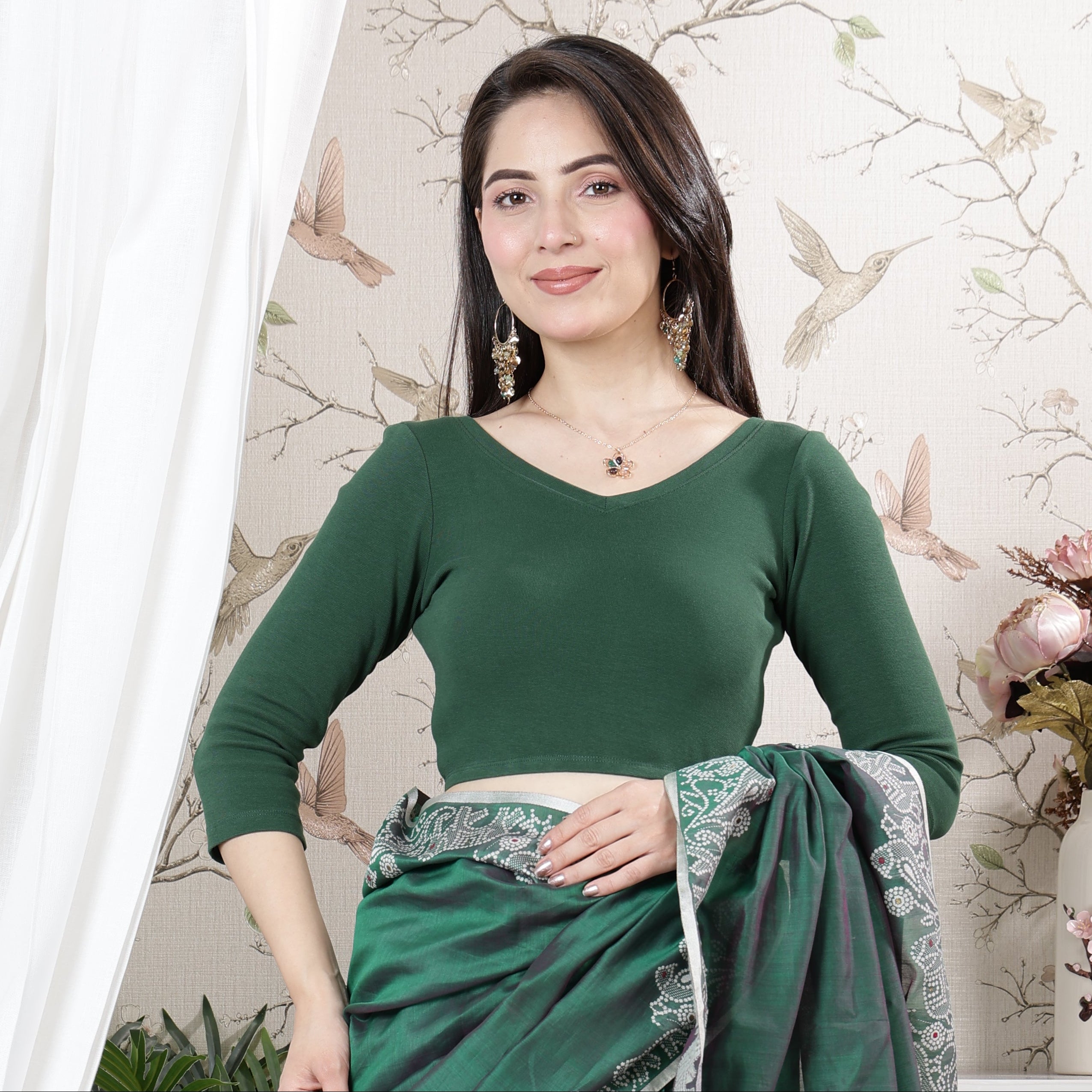 Bottle Green Rib V Neck 3/4 Sleeve Blouse [ 100% USA HQ Cotton, 280 GSM non transparent fabric ]