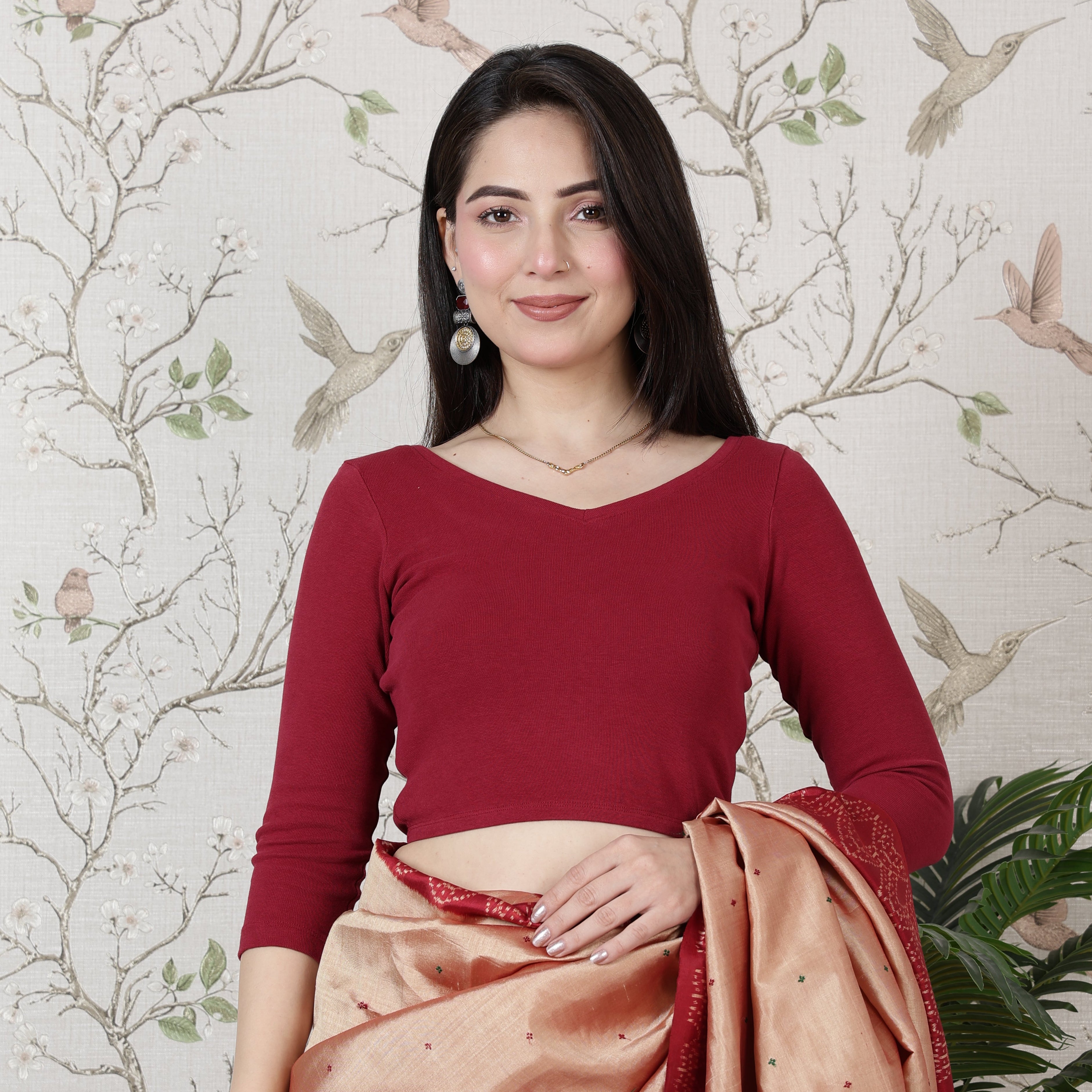 Dark rose Rib V Neck 3/4 Sleeve Blouse [ 100% USA HQ Cotton, 280 GSM non transparent fabric ]