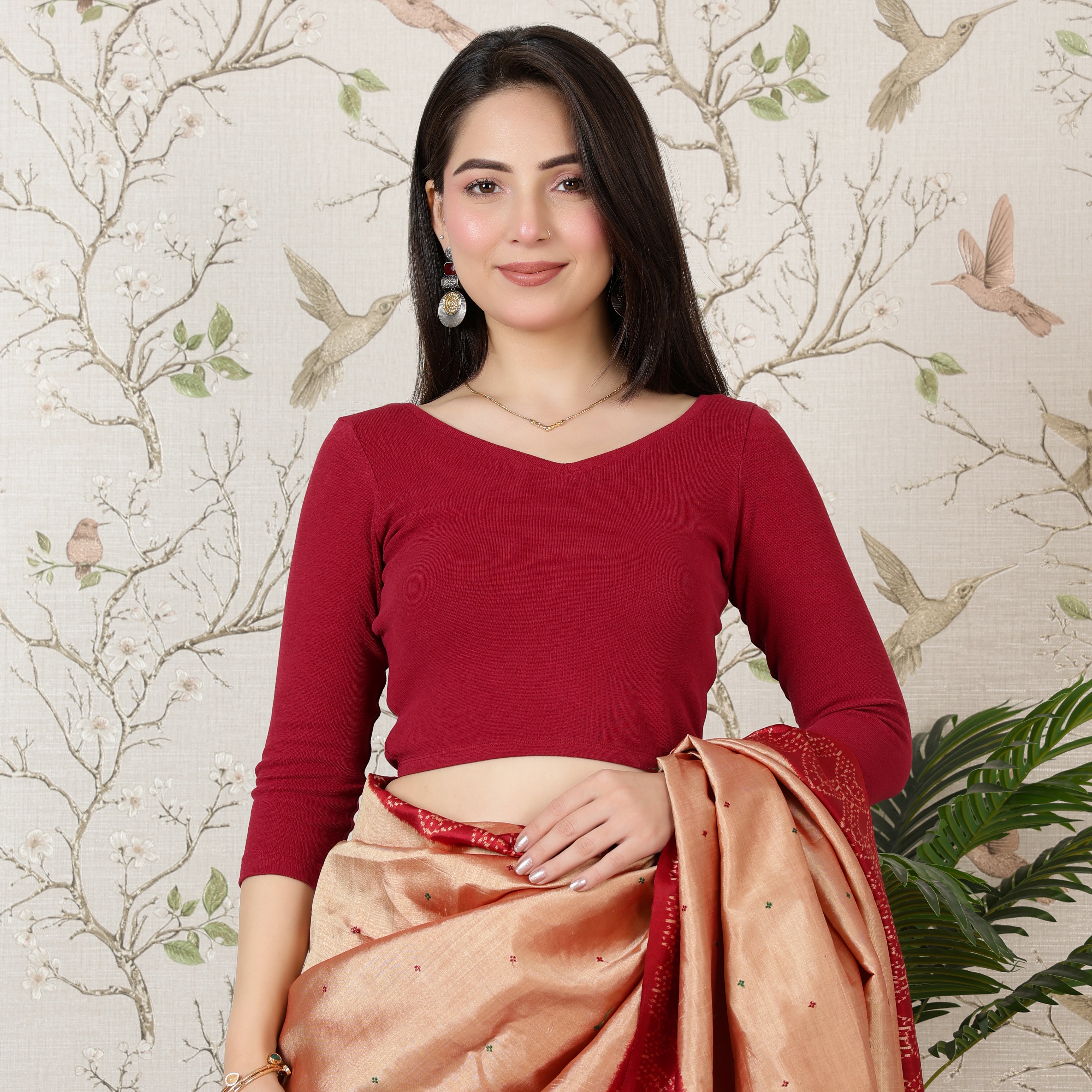 Dark rose Rib V Neck 3/4 Sleeve Blouse [ 100% USA HQ Cotton, 280 GSM non transparent fabric ]