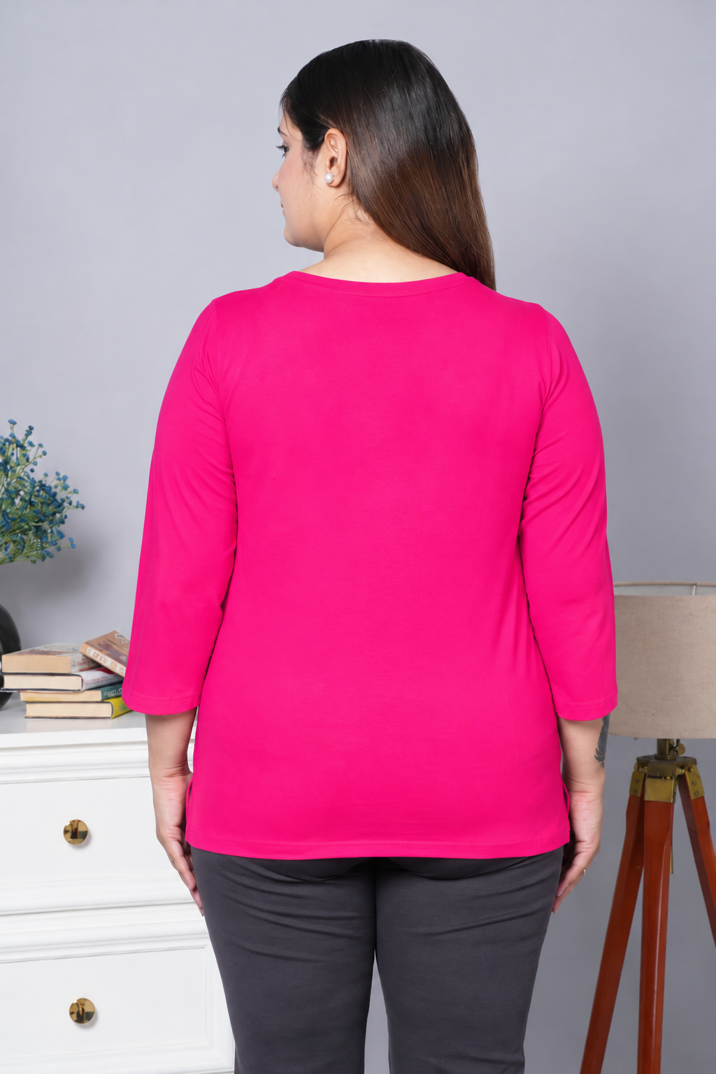 Fuchsia Round Neck Cotton Lycra 3/4 Sleeve T Shirt