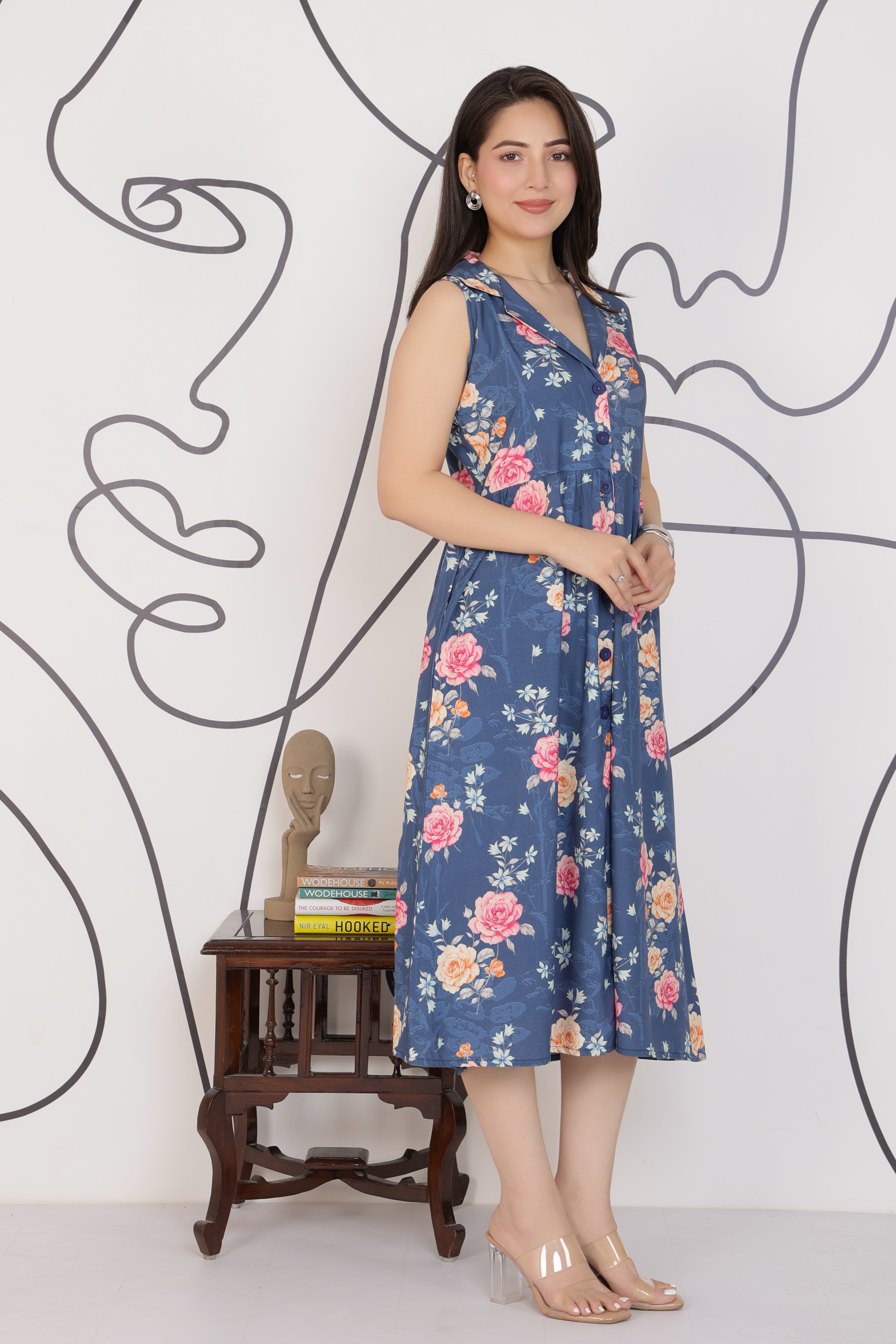 Navy Floral Breeze Shirt Dress [100% pure rayon]