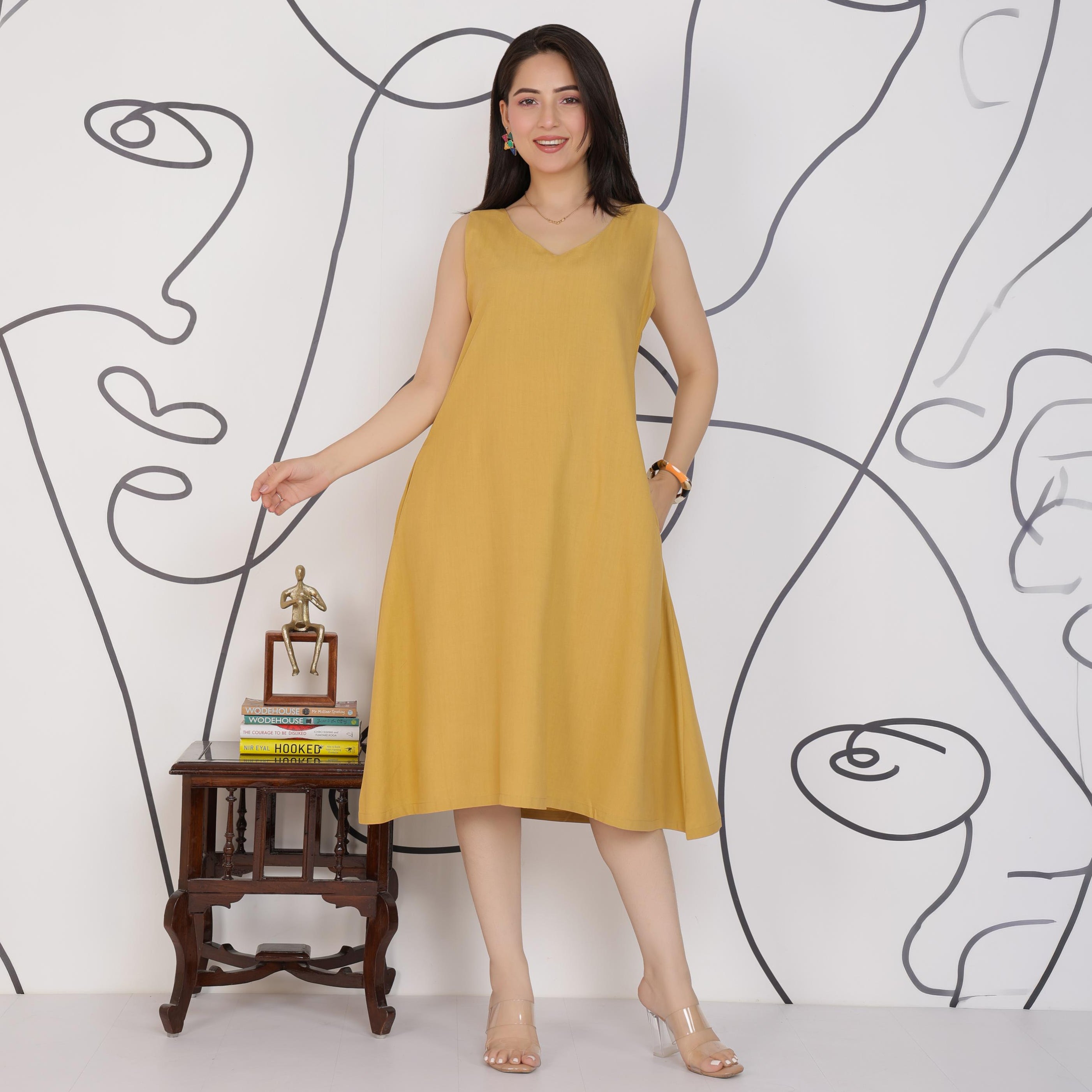 Beige rayon line dress with pocket [ Premium 100% Rayon, Liva Certified ]