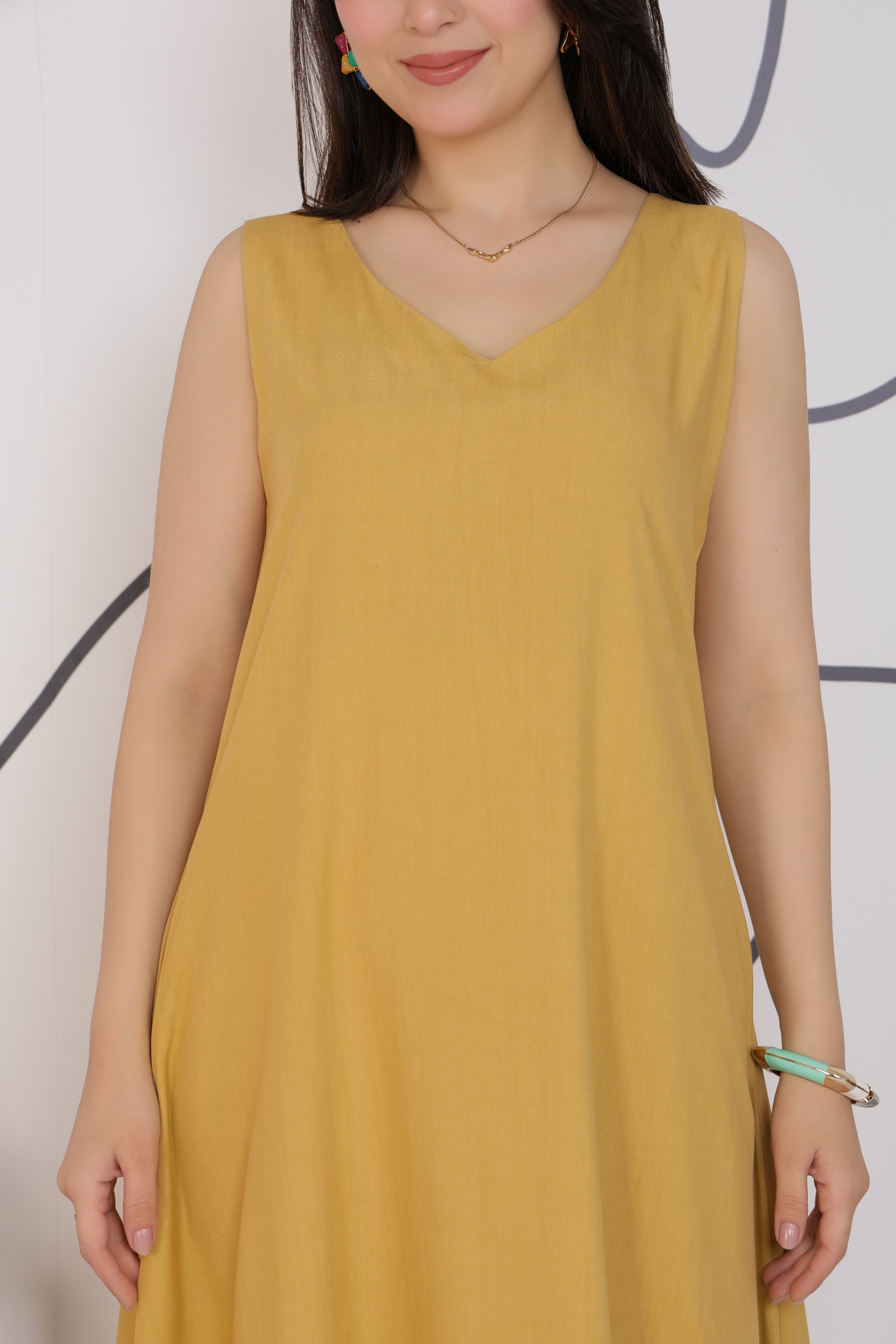 Beige rayon line dress with pocket [ Premium 100% Rayon, Liva Certified ]