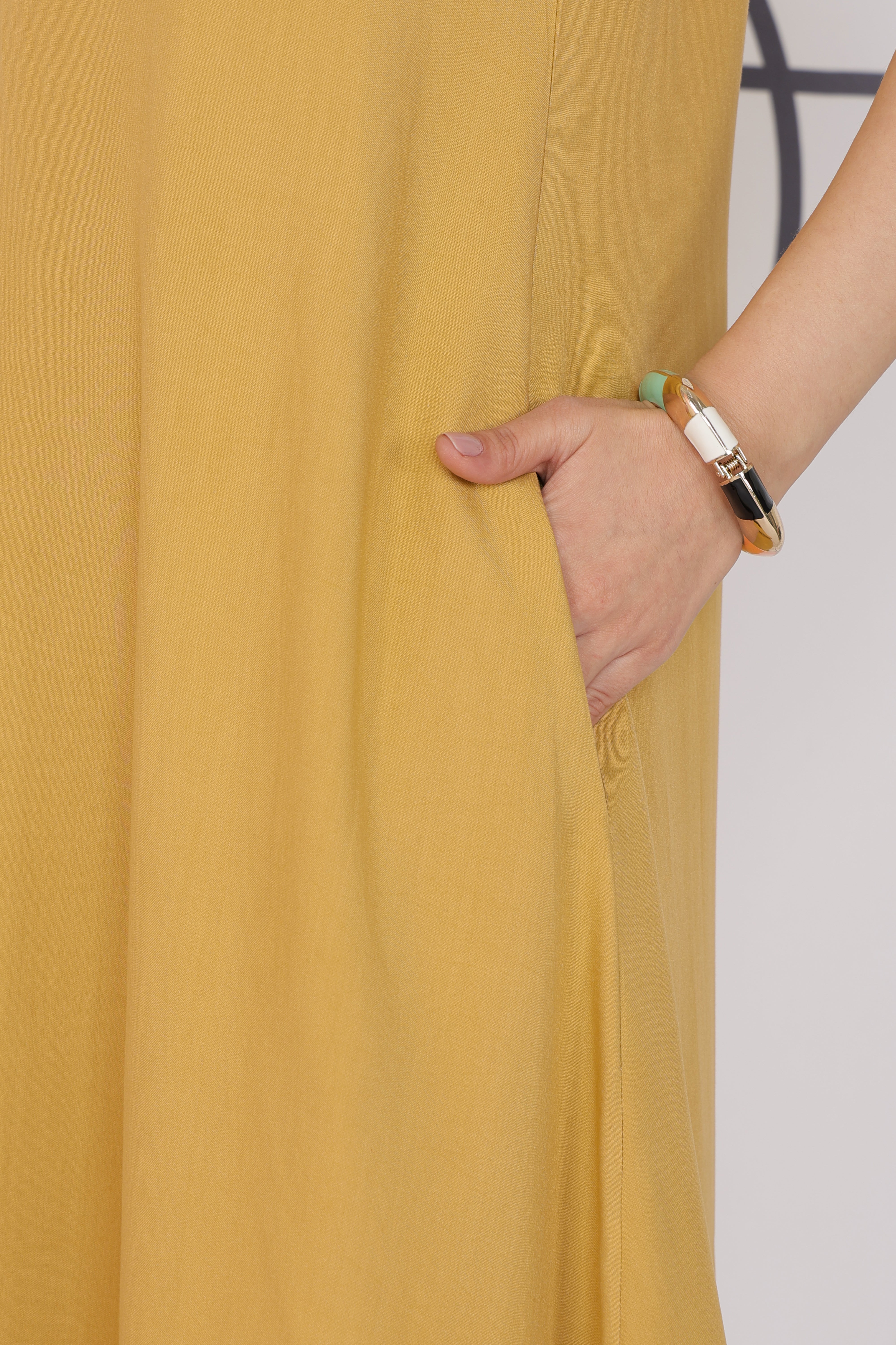 Beige rayon line dress with pocket [ Premium 100% Rayon, Liva Certified ]