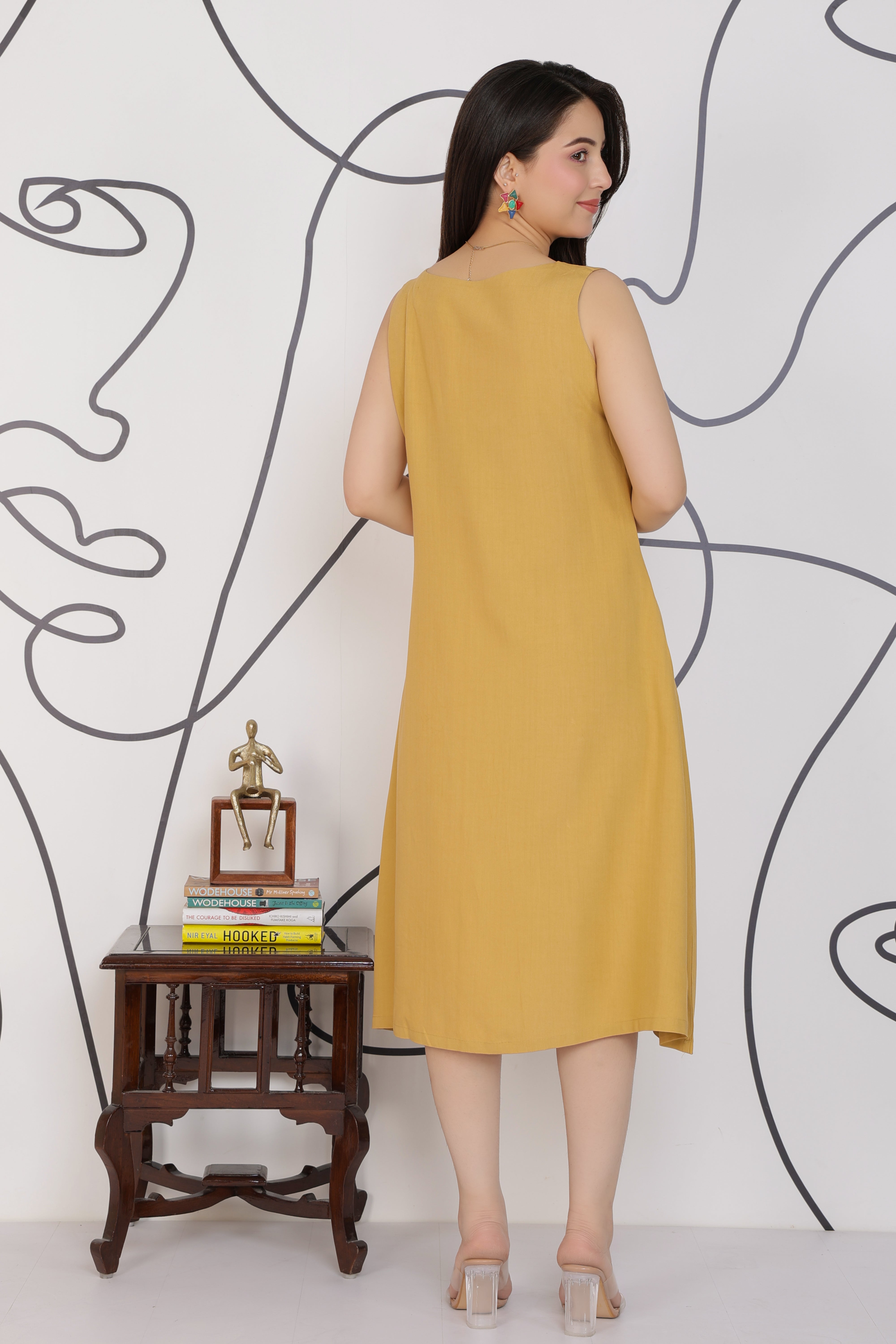 Beige rayon line dress with pocket [ Premium 100% Rayon, Liva Certified ]