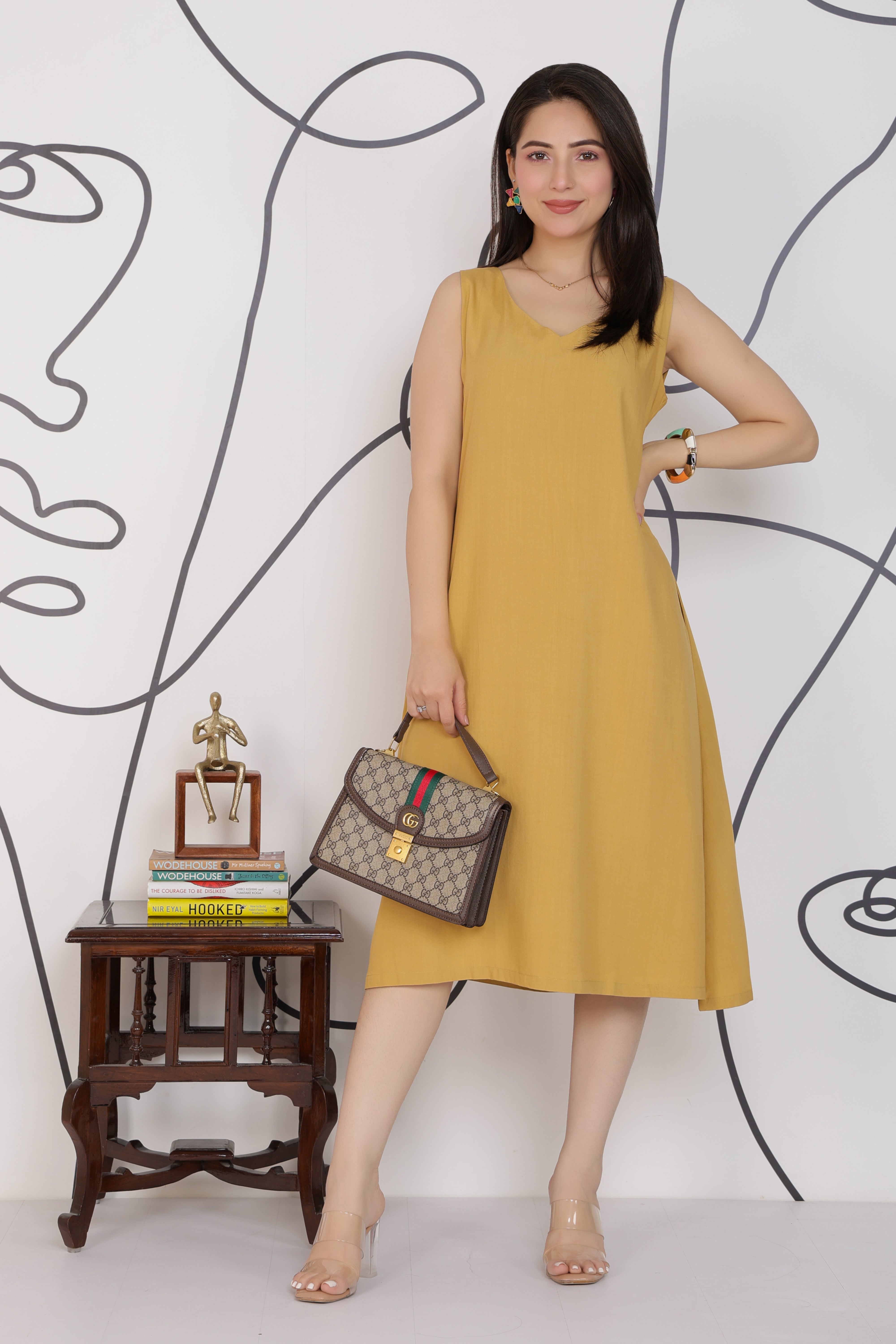Beige rayon line dress with pocket [ Premium 100% Rayon, Liva Certified ]