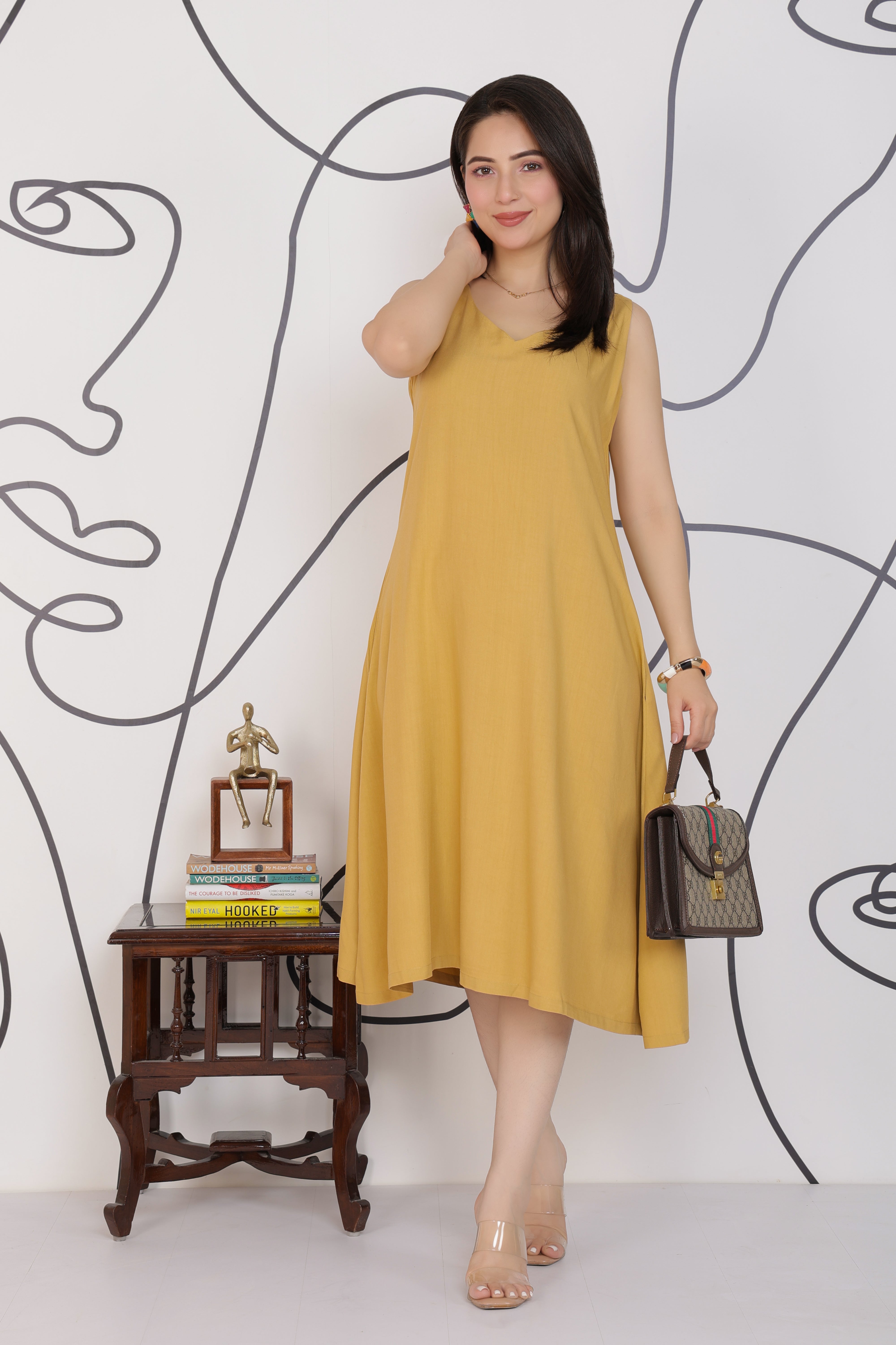 Beige rayon line dress with pocket [ Premium 100% Rayon, Liva Certified ]