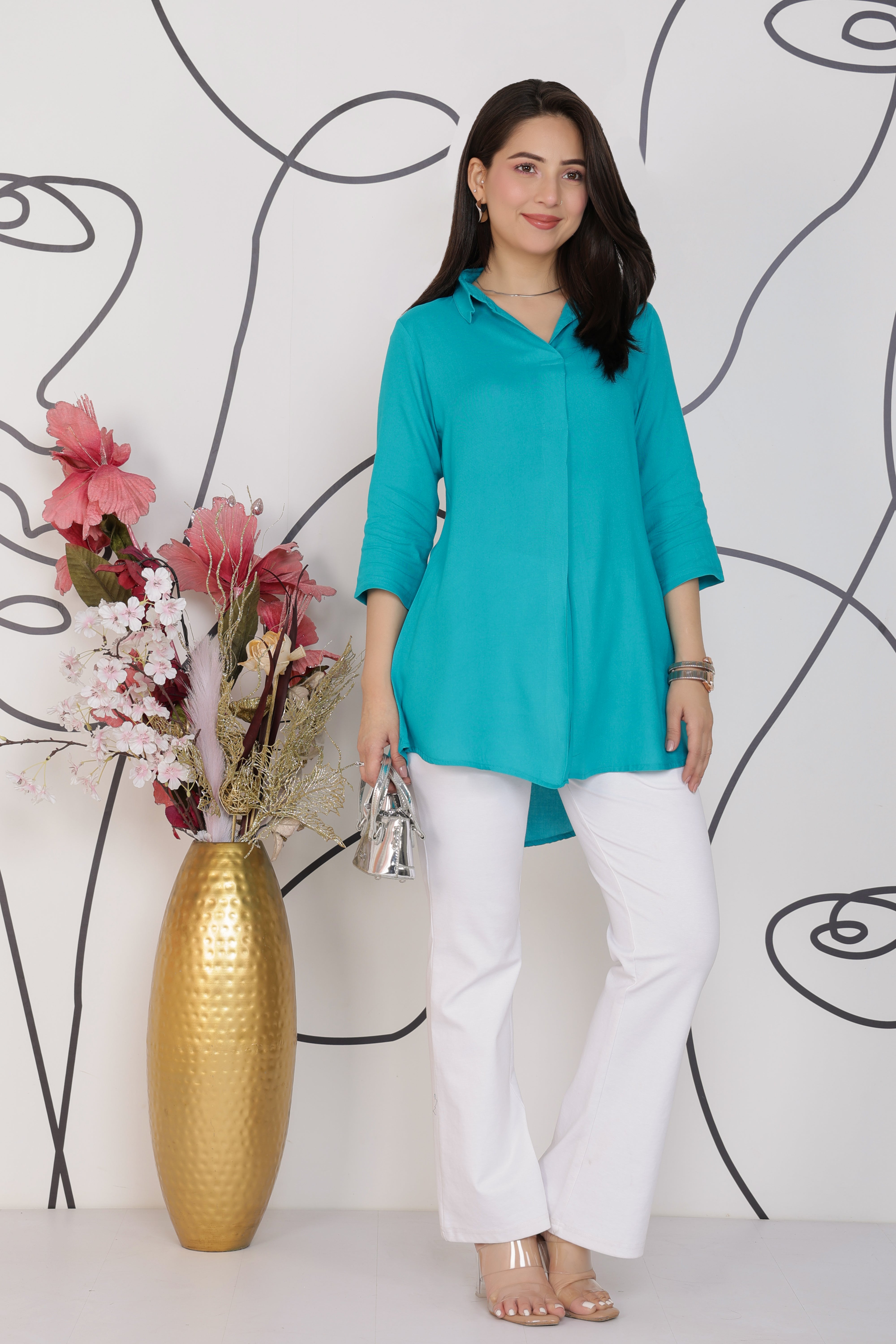 Aqua Blue rayon flare top [ Premium 100% Rayon, Liva Certified ]