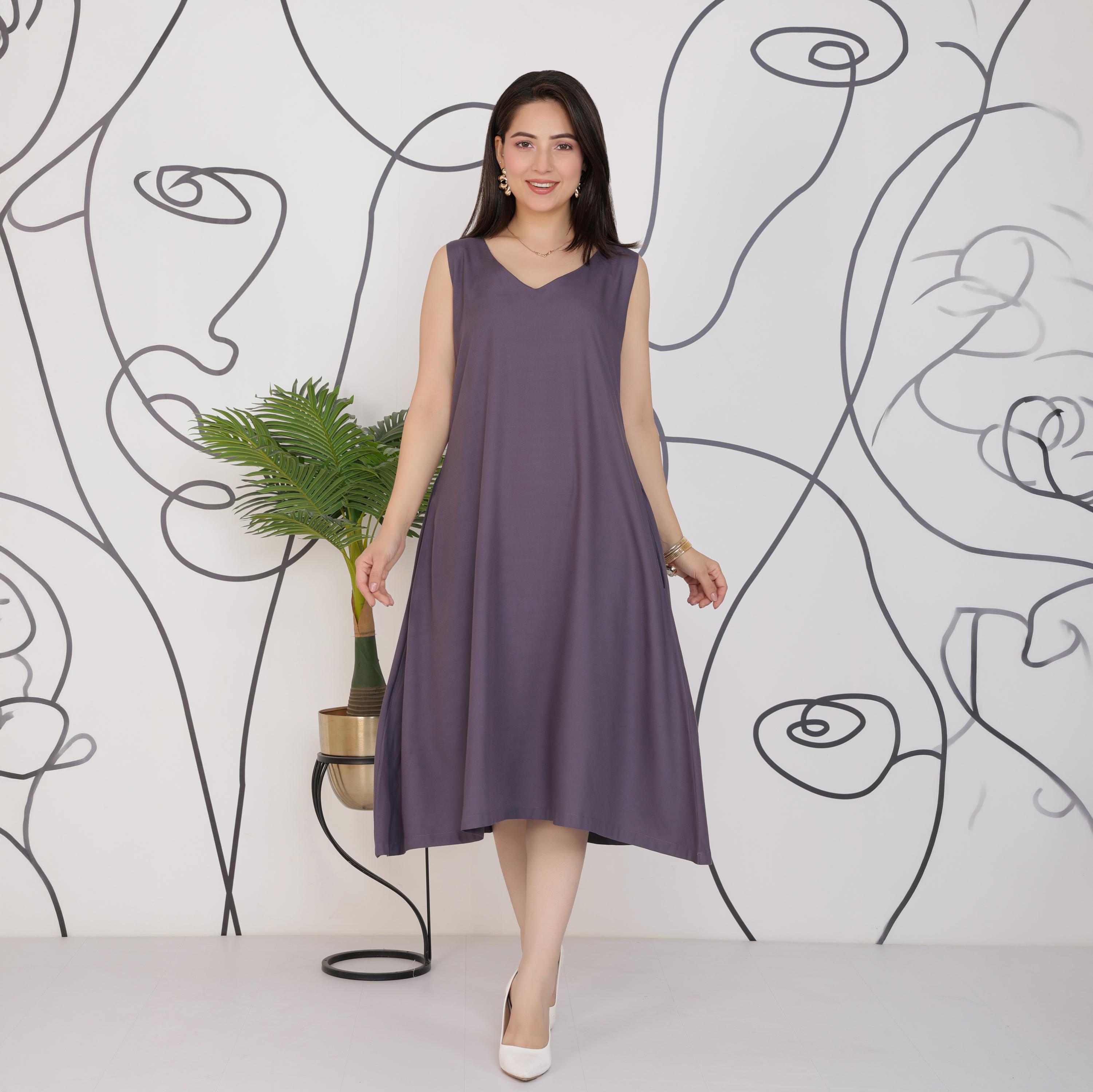 Dark grey rayon line dress with pocket [ Premium 100% Rayon, Liva Certified ]