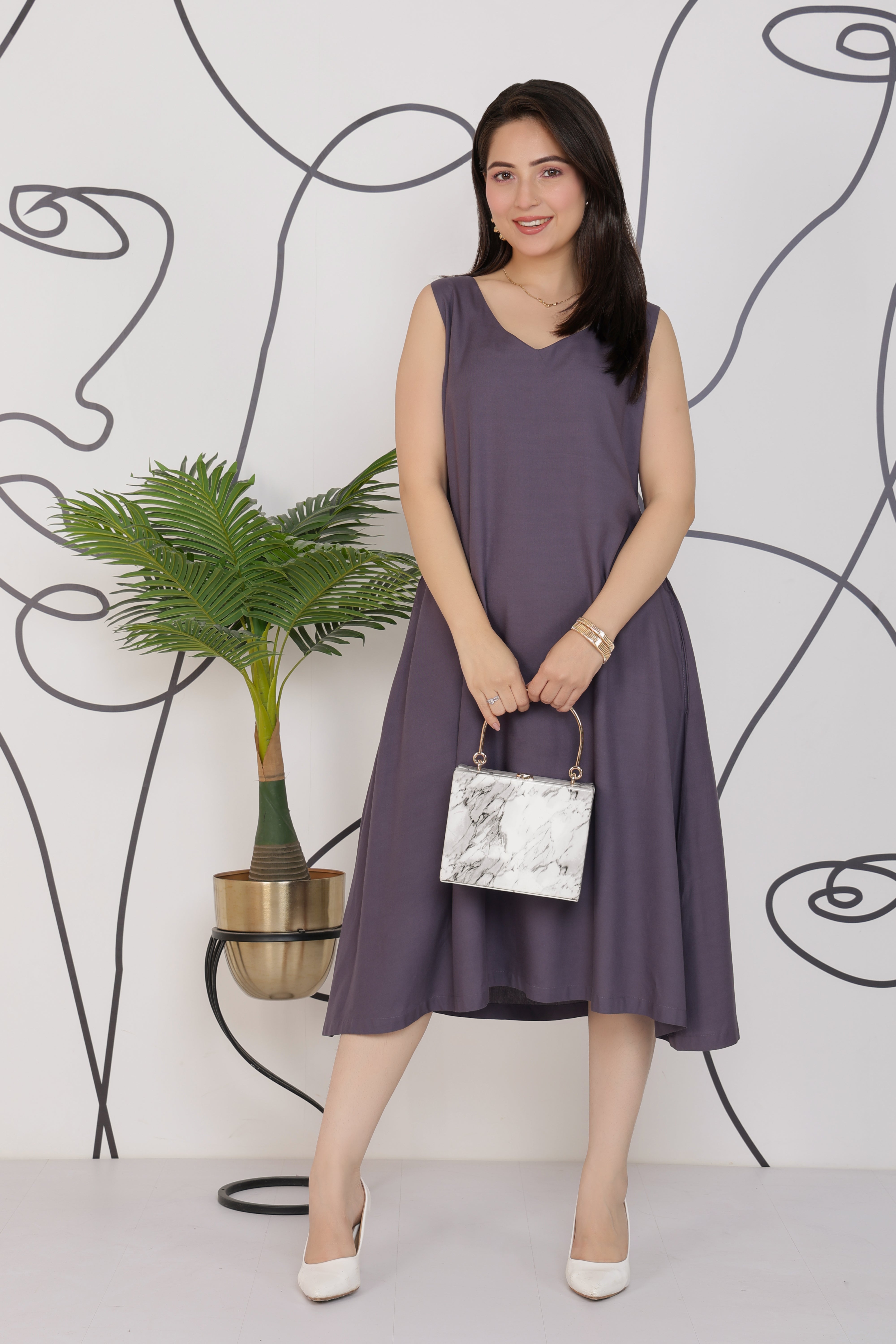 Dark grey rayon line dress with pocket [ Premium 100% Rayon, Liva Certified ]