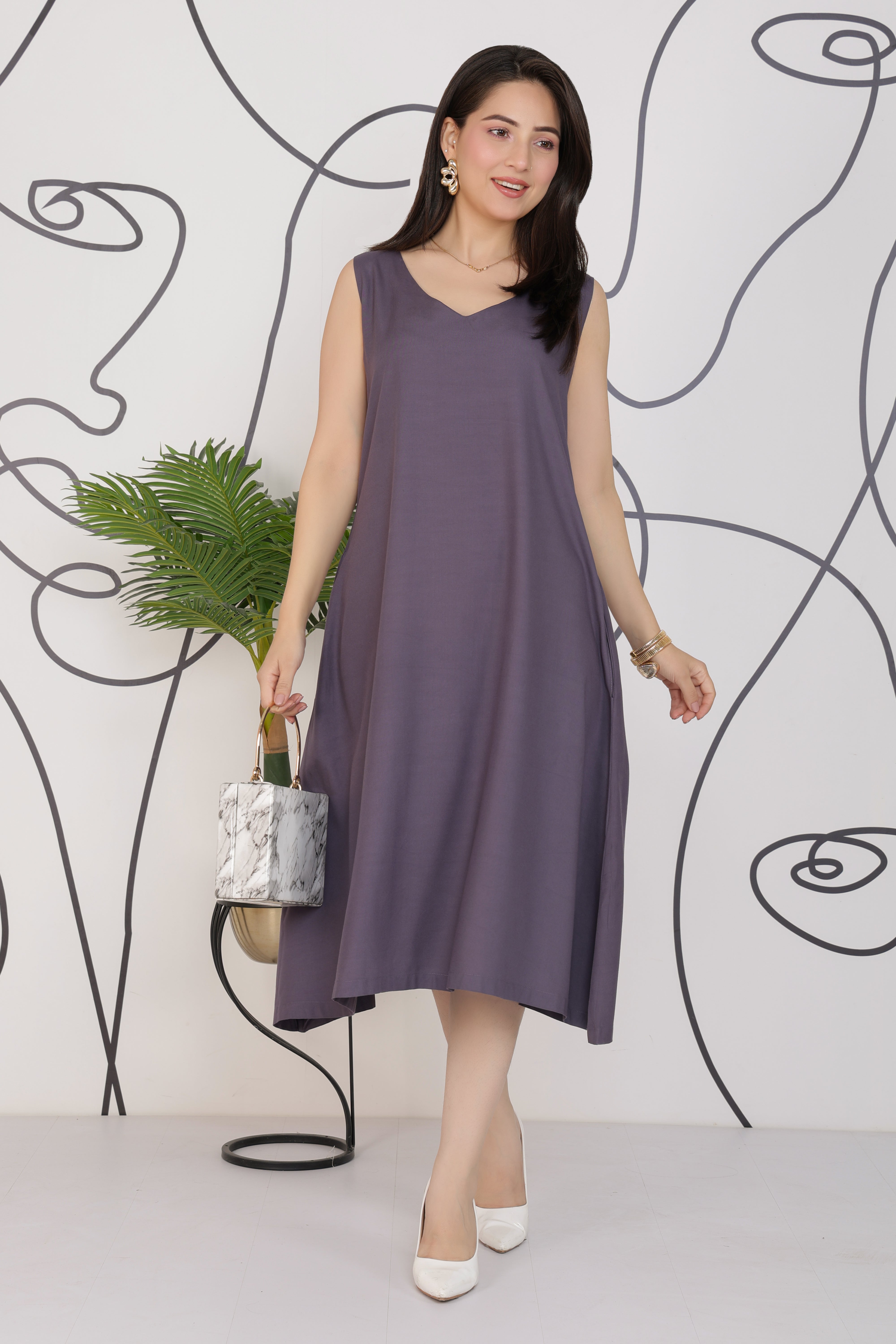 Dark grey rayon line dress with pocket [ Premium 100% Rayon, Liva Certified ]