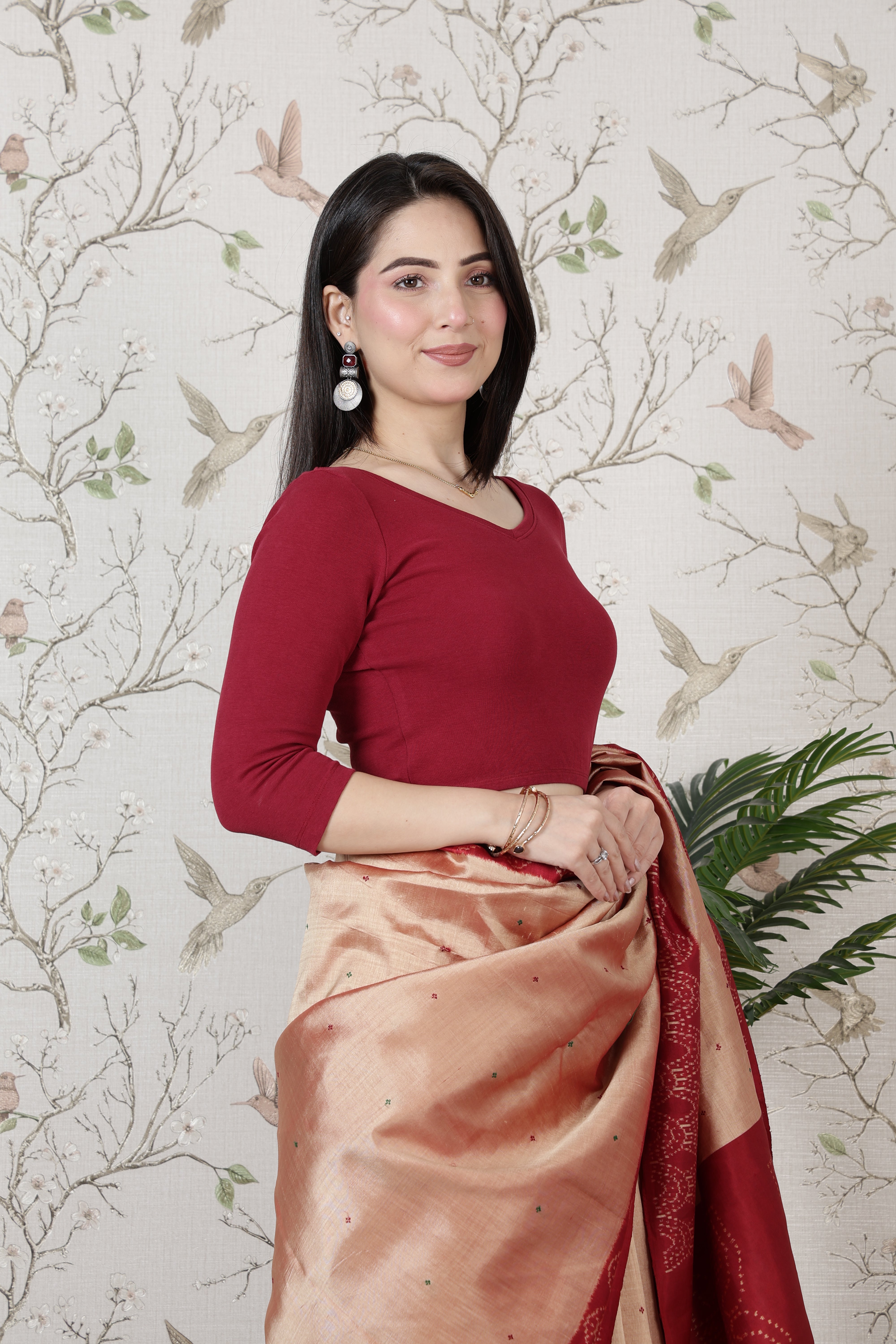 Dark rose Rib V Neck 3/4 Sleeve Blouse [ 100% USA HQ Cotton, 280 GSM non transparent fabric ]