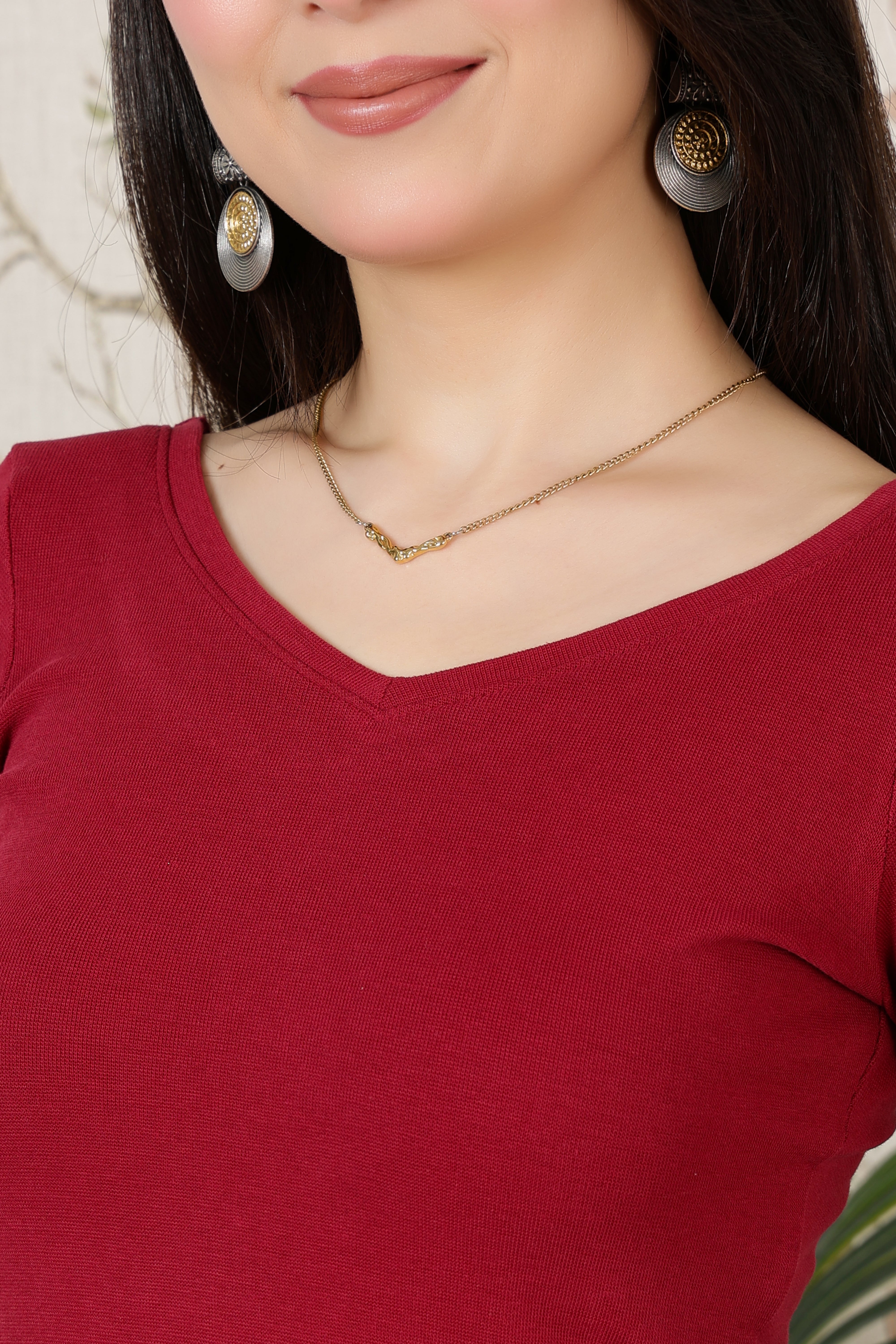 Dark rose Rib V Neck 3/4 Sleeve Blouse [ 100% USA HQ Cotton, 280 GSM non transparent fabric ]