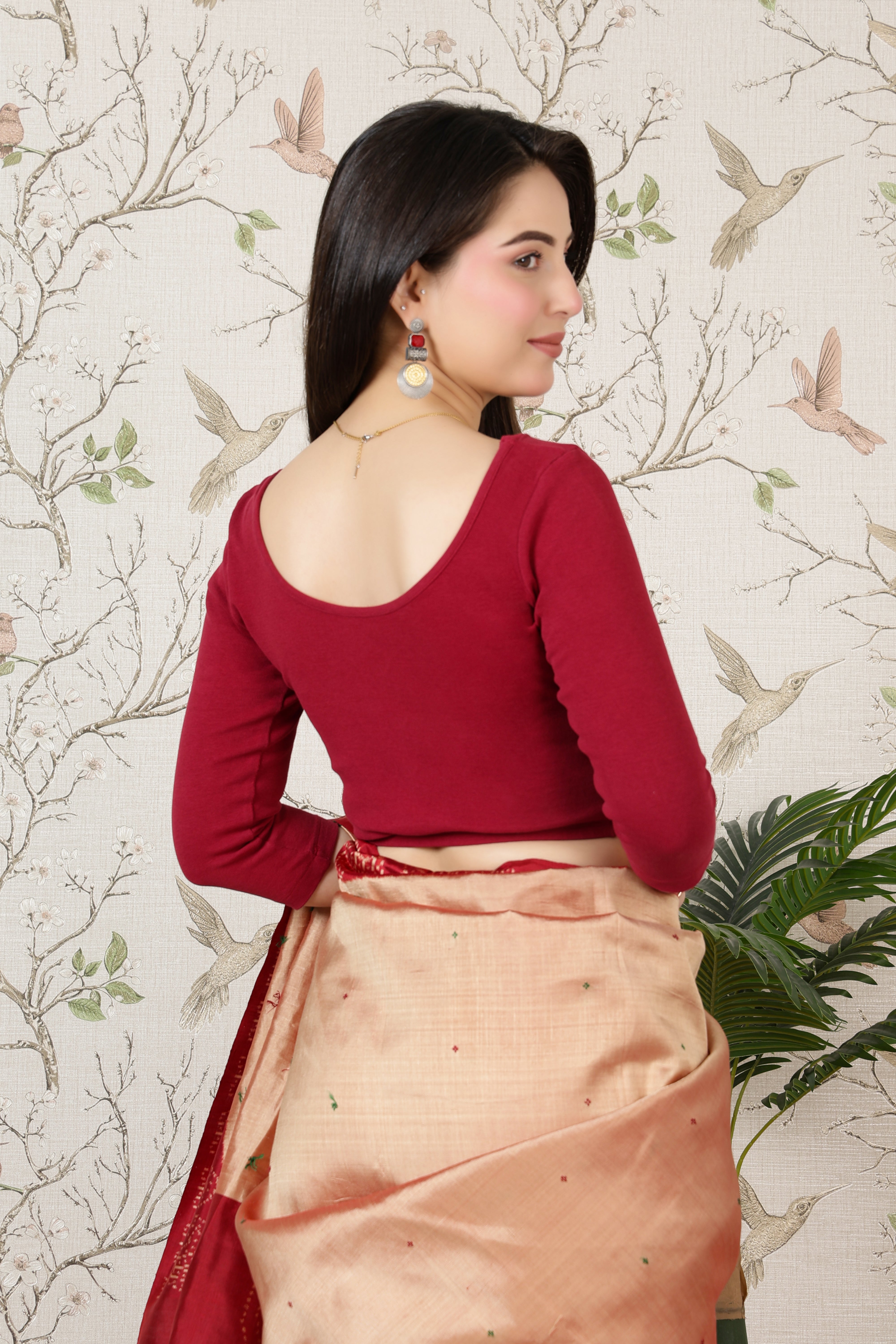 Dark rose Rib V Neck 3/4 Sleeve Blouse [ 100% USA HQ Cotton, 280 GSM non transparent fabric ]