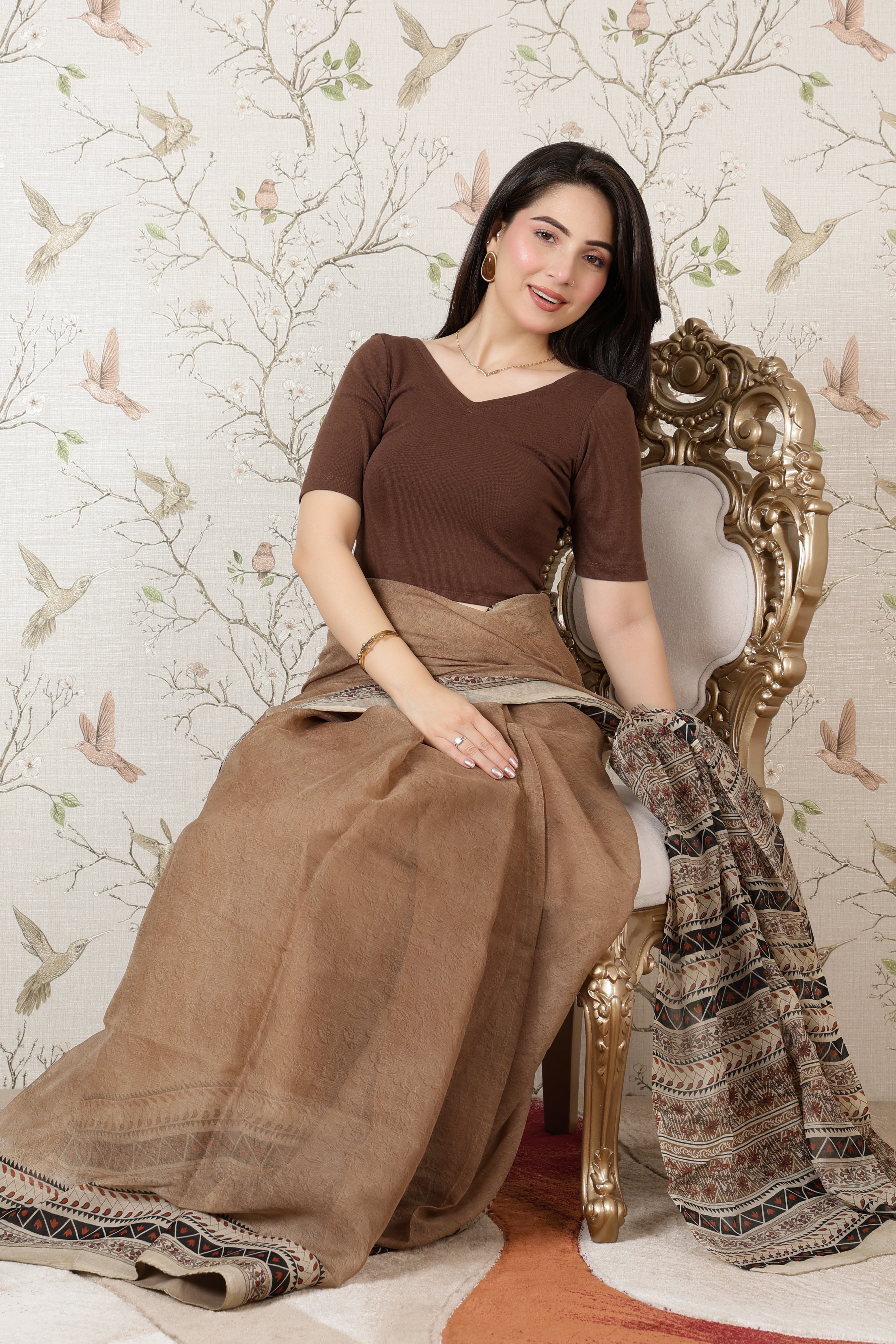 Coffee Rib V Neck Half Sleeve Blouse [ 100% USA HQ Cotton, 280 GSM non transparent fabric ]
