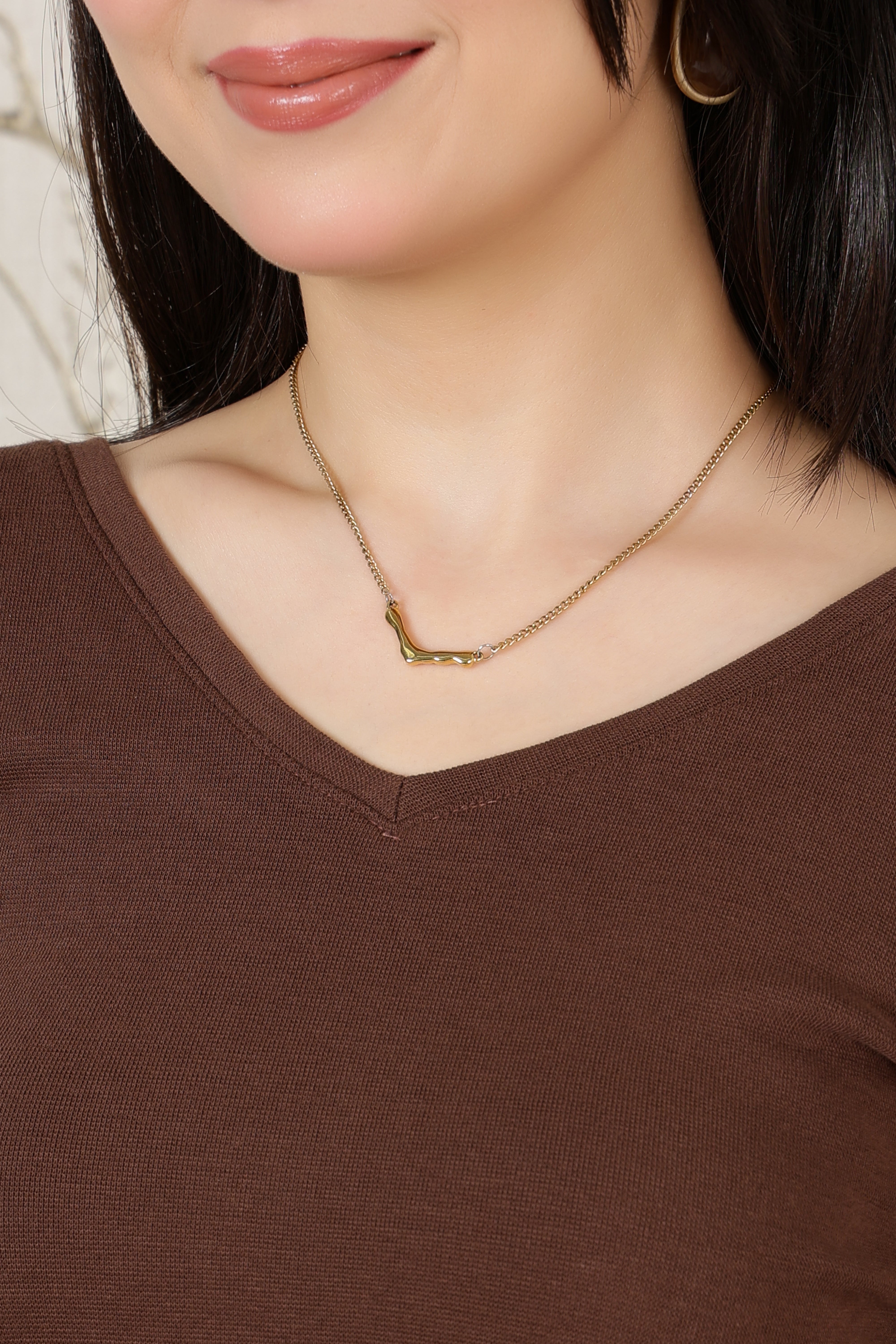Coffee Rib V Neck Half Sleeve Blouse [ 100% USA HQ Cotton, 280 GSM non transparent fabric ]