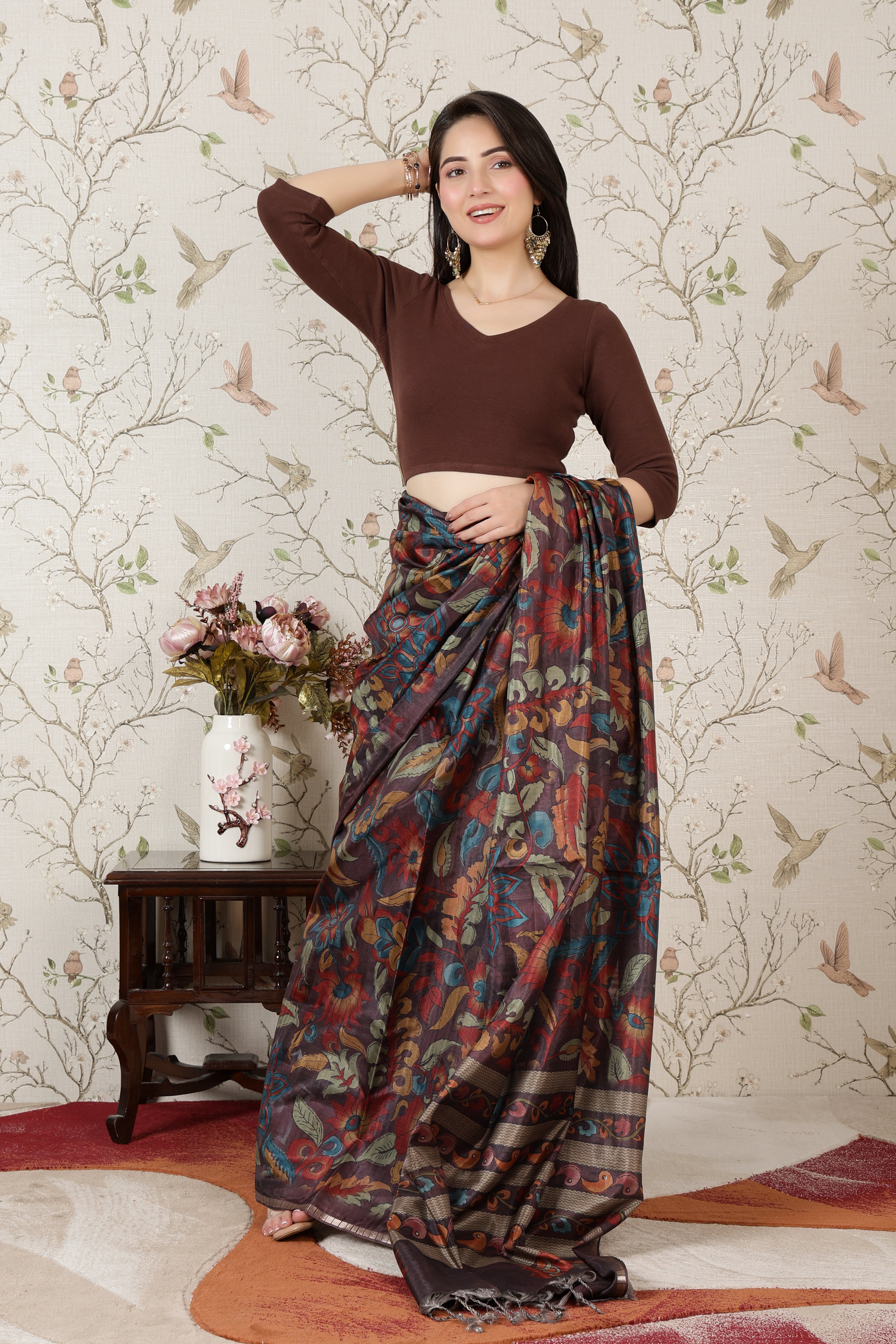 Coffee Rib V Neck 3/4 Sleeve Blouse [ 100% USA HQ Cotton, 280 GSM non transparent fabric ]