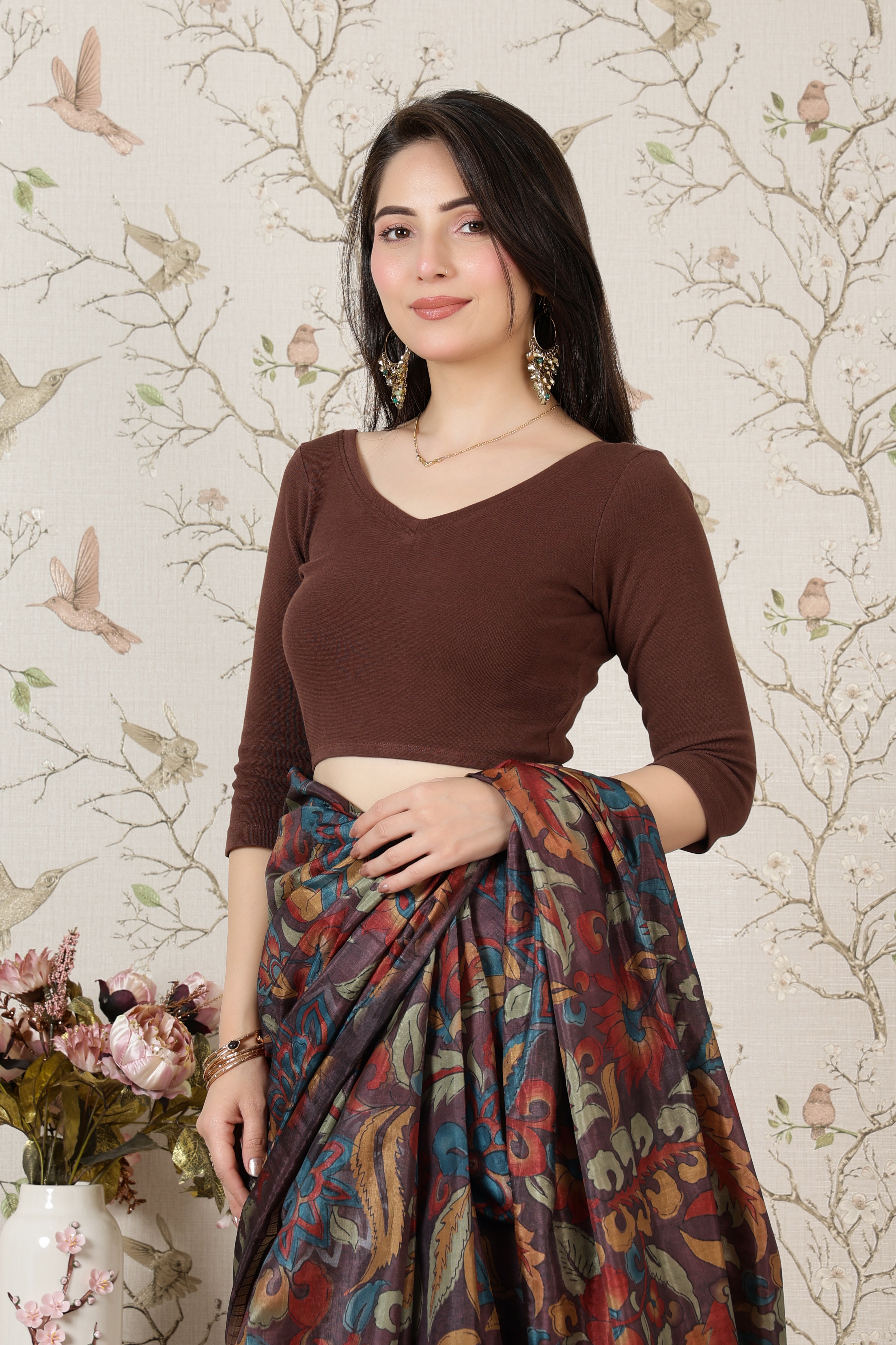 Coffee Rib V Neck 3/4 Sleeve Blouse [ 100% USA HQ Cotton, 280 GSM non transparent fabric ]