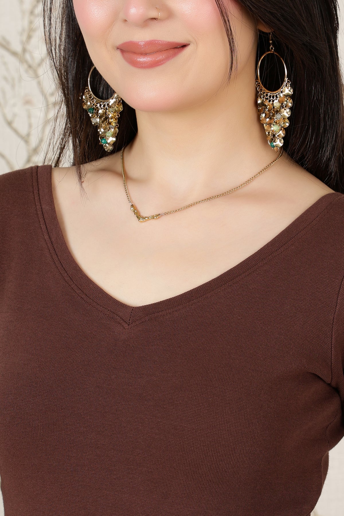 Coffee Rib V Neck 3/4 Sleeve Blouse [ 100% USA HQ Cotton, 280 GSM non transparent fabric ]