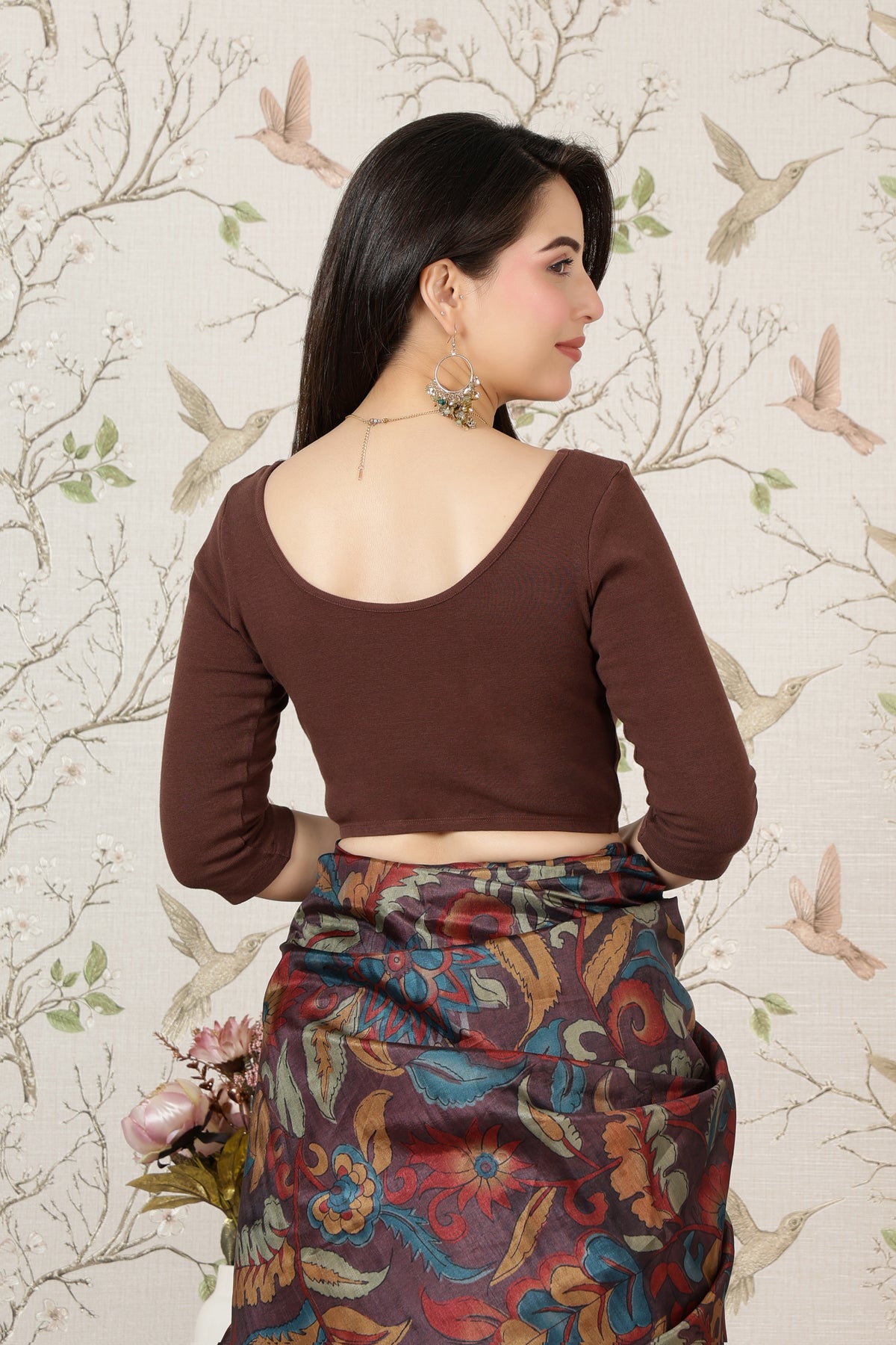 Coffee Rib V Neck 3/4 Sleeve Blouse [ 100% USA HQ Cotton, 280 GSM non transparent fabric ]