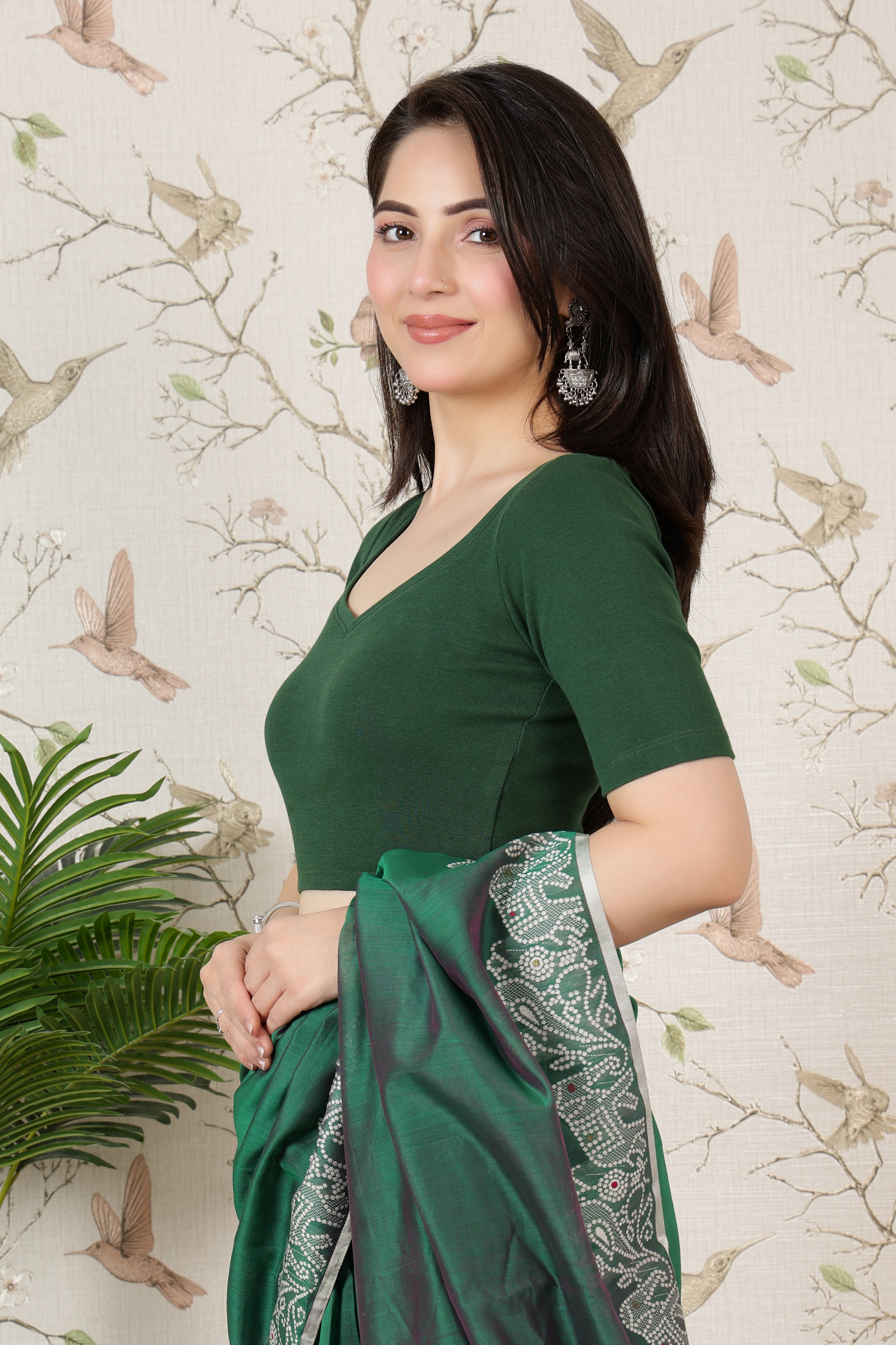 Bottle green Rib Sweet Heart Neck Half Sleeve Blouse [ 100% USA HQ Cotton, 280 GSM non transparent fabric ]