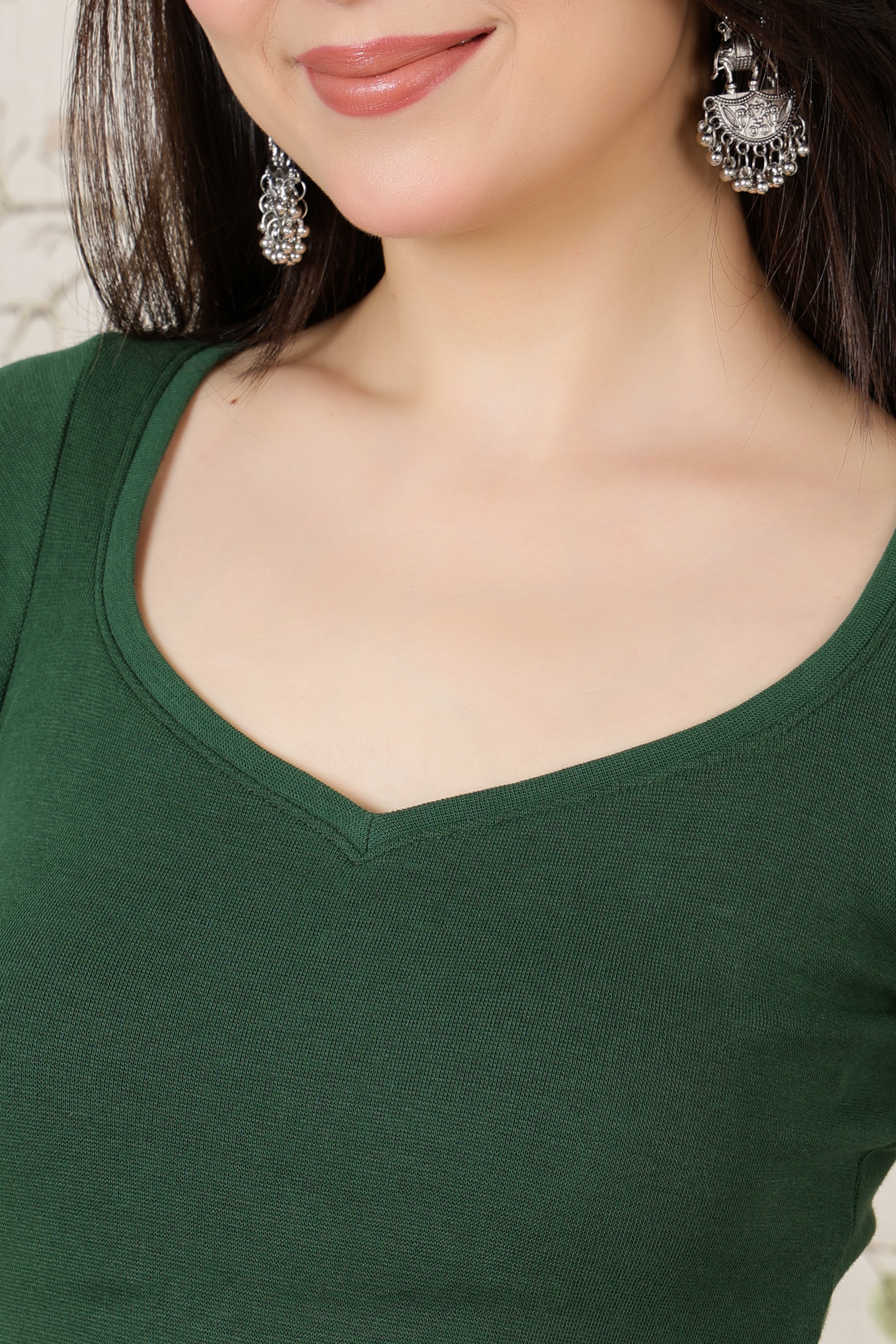 Bottle green Rib Sweet Heart Neck Half Sleeve Blouse [ 100% USA HQ Cotton, 280 GSM non transparent fabric ]