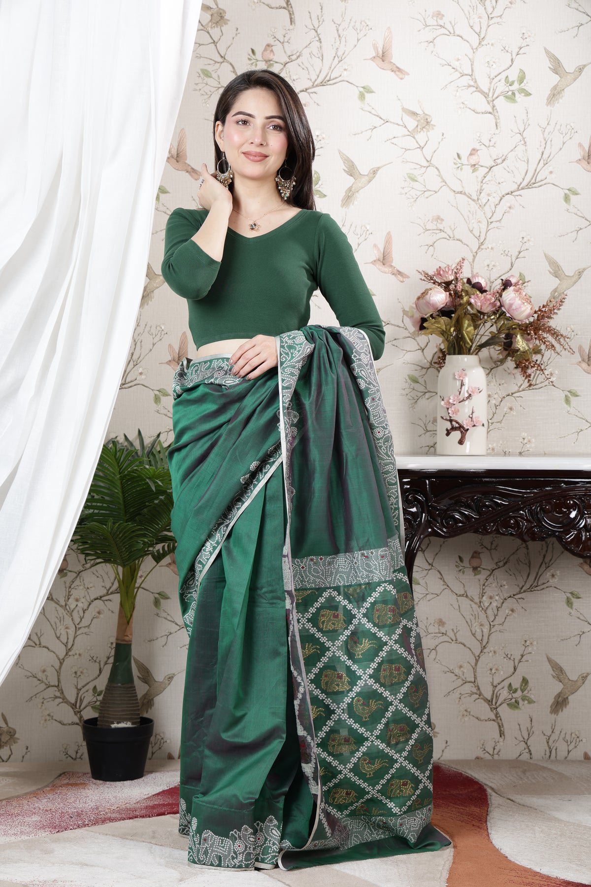 Bottle Green Rib V Neck 3/4 Sleeve Blouse [ 100% USA HQ Cotton, 280 GSM non transparent fabric ]