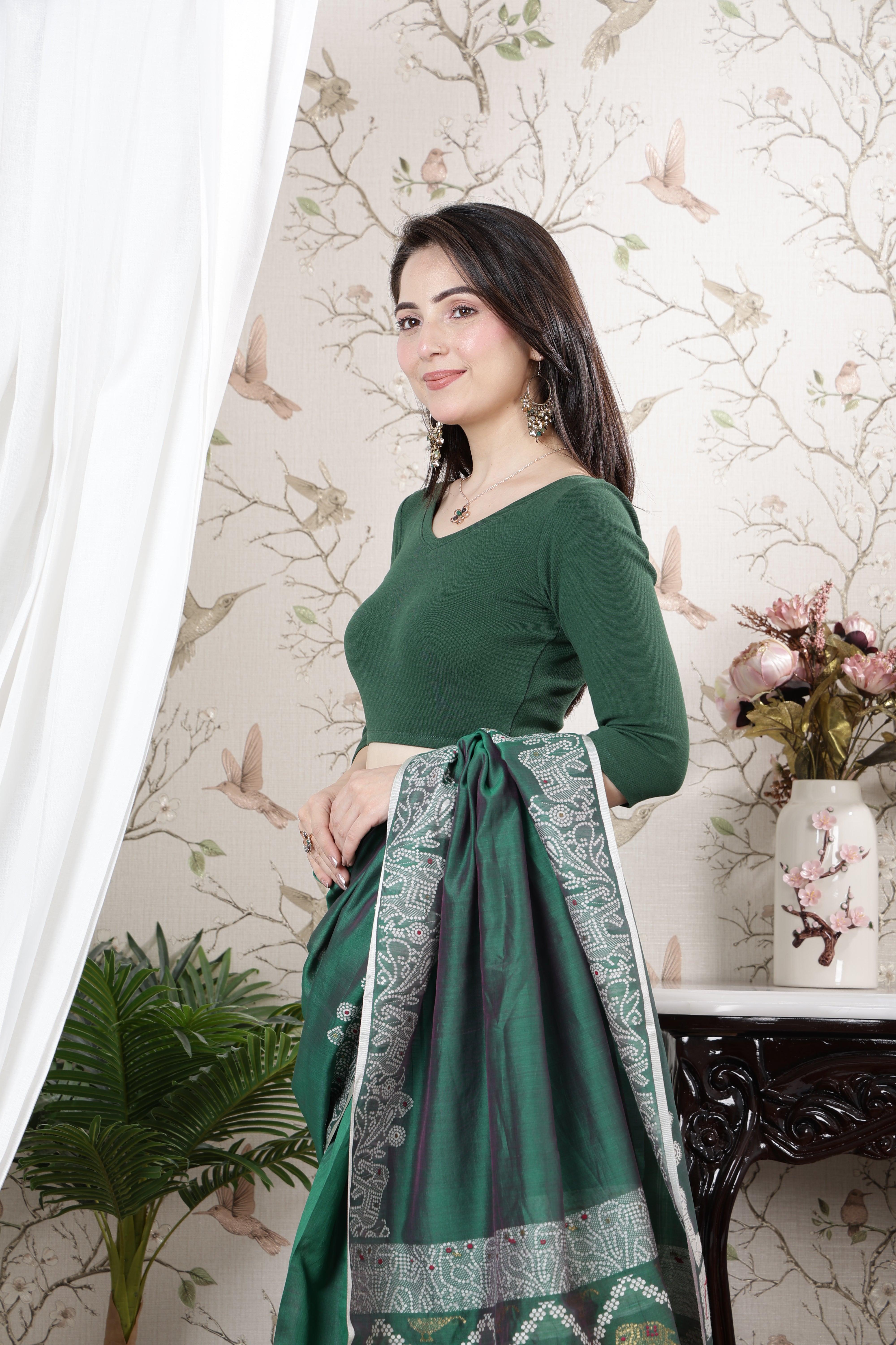 Bottle Green Rib V Neck 3/4 Sleeve Blouse [ 100% USA HQ Cotton, 280 GSM non transparent fabric ]