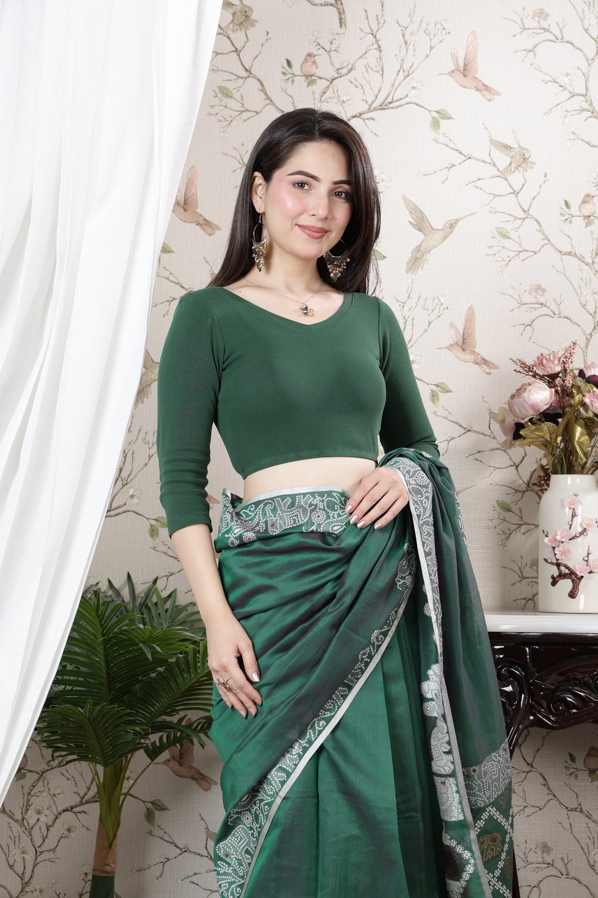 Bottle Green Rib V Neck 3/4 Sleeve Blouse [ 100% USA HQ Cotton, 280 GSM non transparent fabric ]