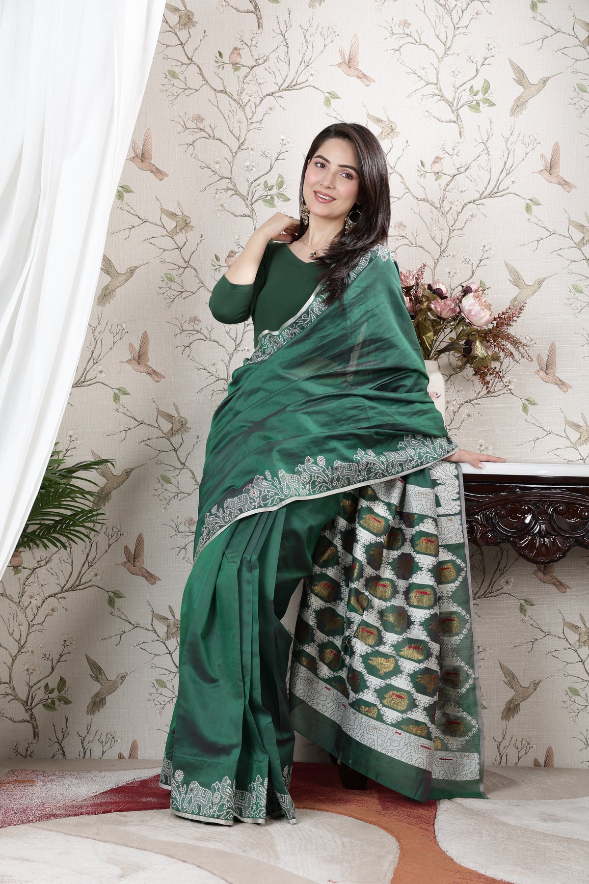 Bottle Green Rib V Neck 3/4 Sleeve Blouse [ 100% USA HQ Cotton, 280 GSM non transparent fabric ]