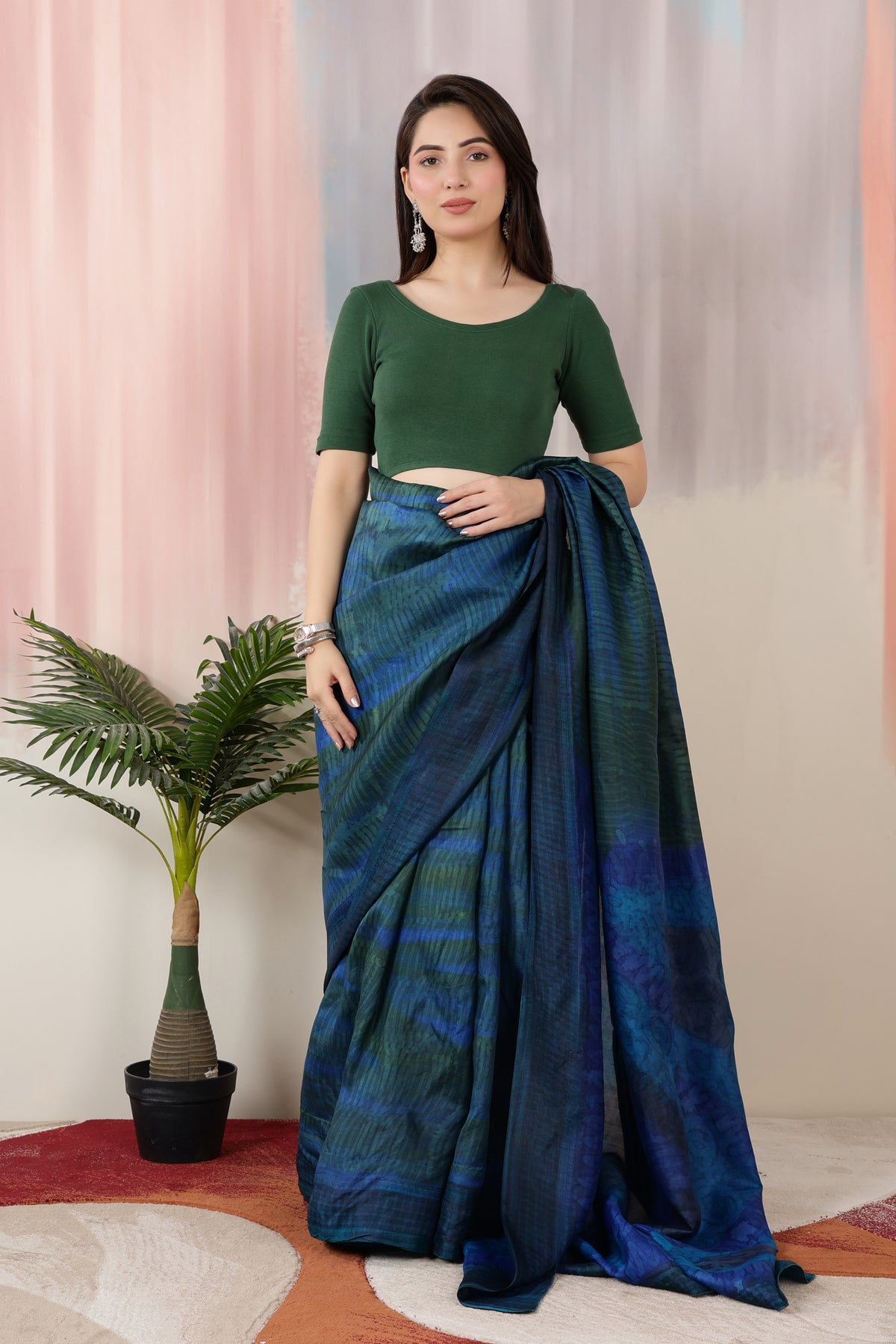 Bottle Green Rib Roundneck Half Sleeve Blouse [ 100% USA HQ Cotton, 280 GSM non transparent fabric ]